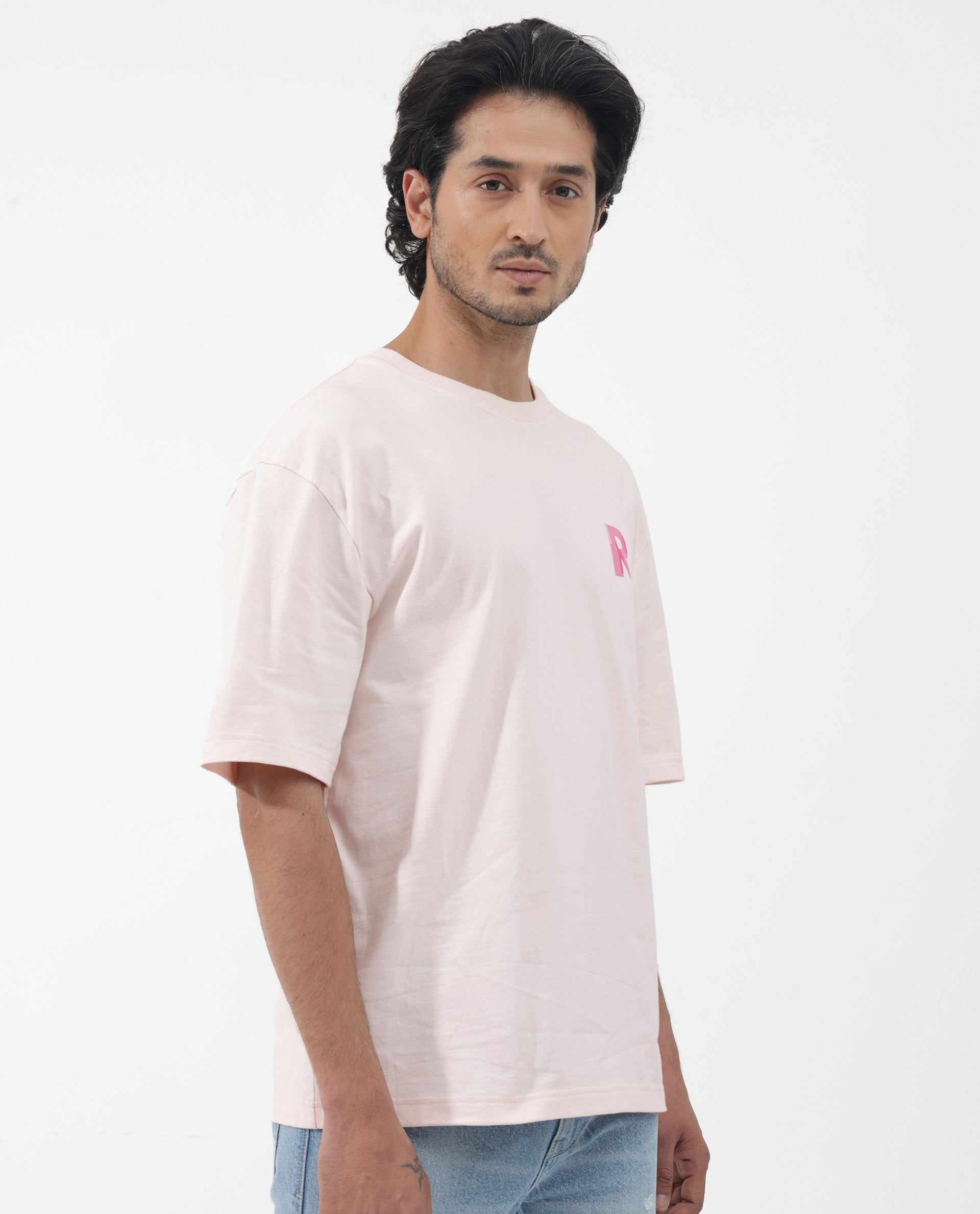 Rare Rabbit Articale Men's Dutton Pink Cotton Polyester Fabric Crew Neck Oversized Fit Graphic Print T-Shirt
