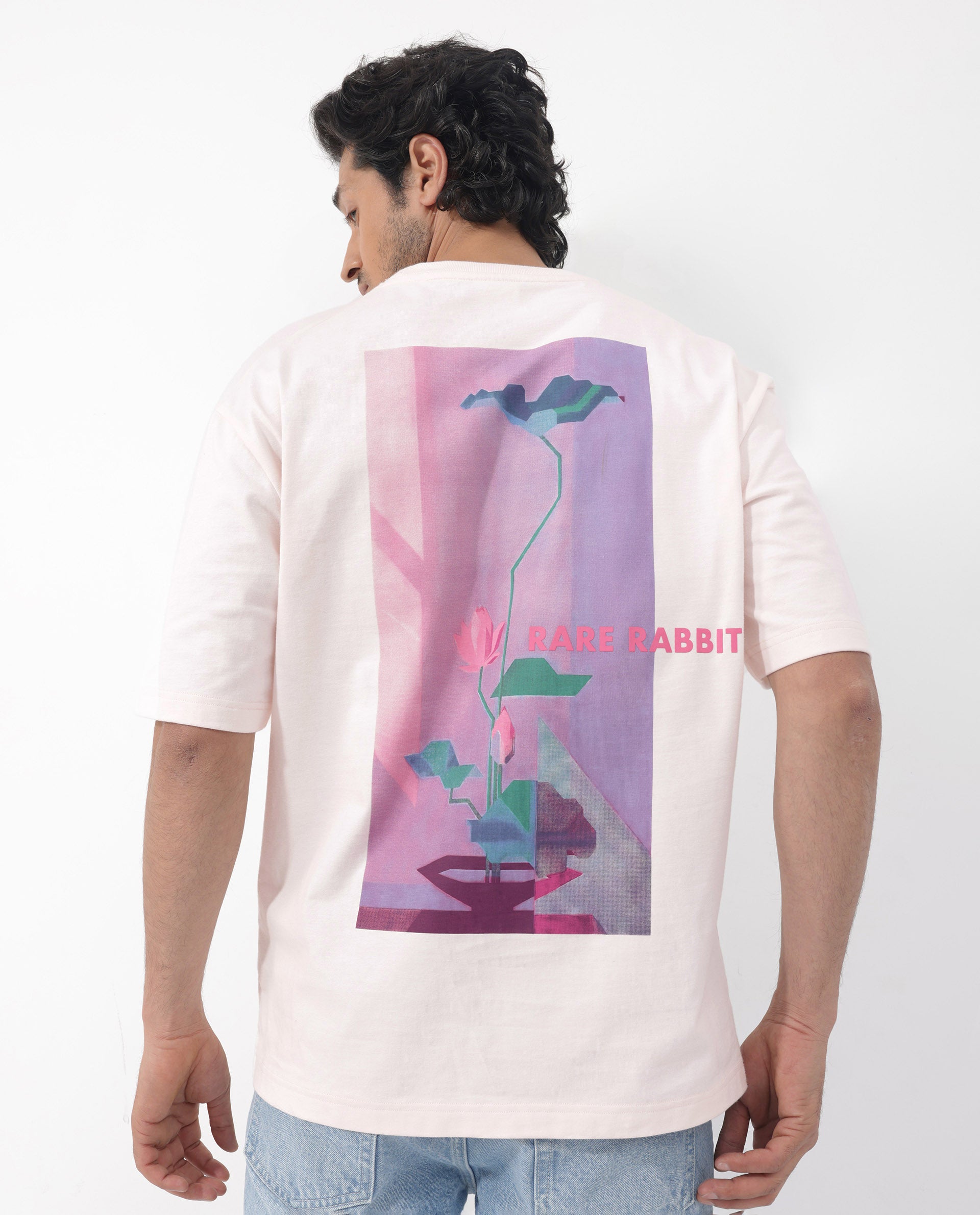 Rare Rabbit Articale Men's Dutton Pink Cotton Polyester Fabric Crew Neck Oversized Fit Graphic Print T-Shirt