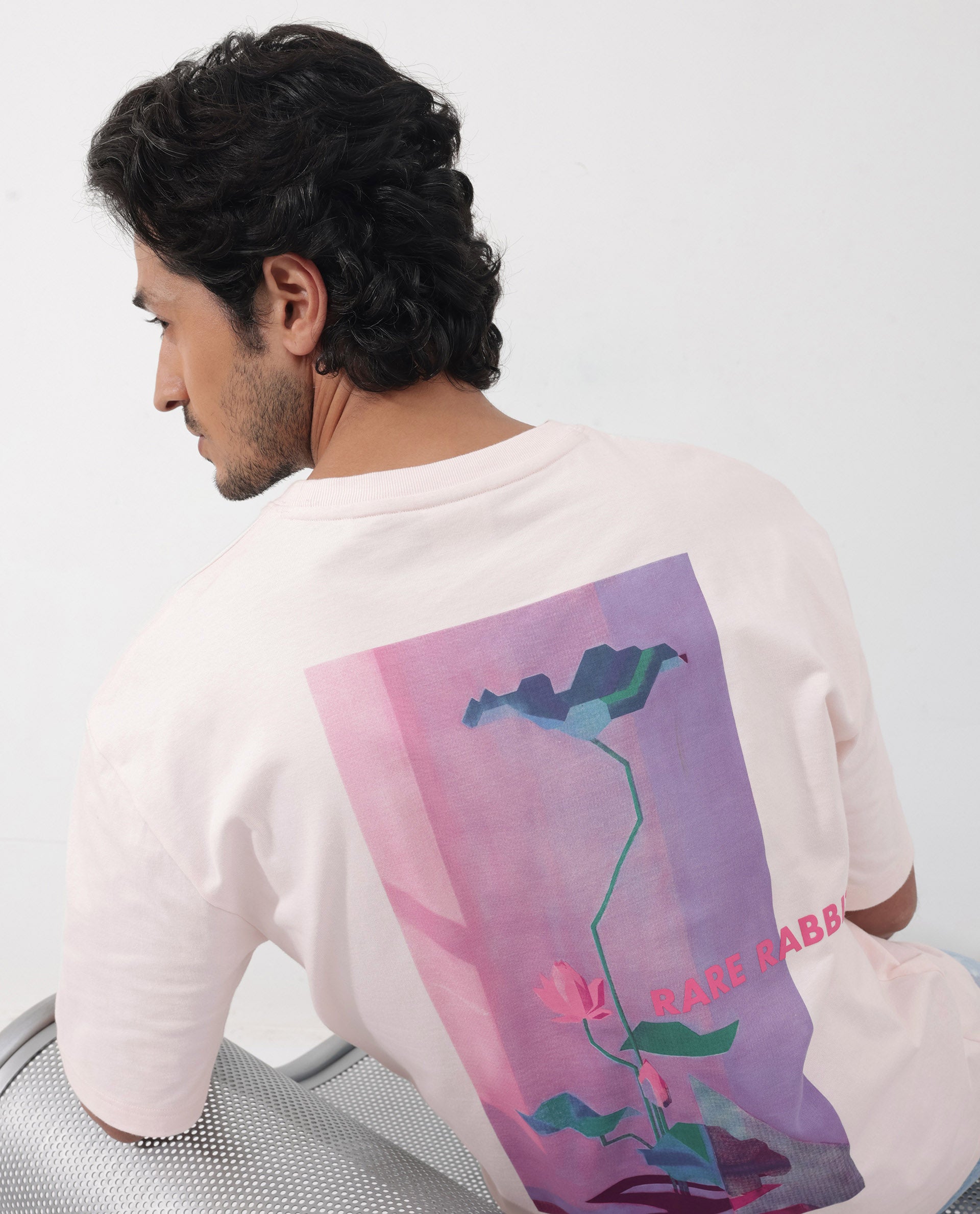 Rare Rabbit Articale Men's Dutton Pink Cotton Polyester Fabric Crew Neck Oversized Fit Graphic Print T-Shirt