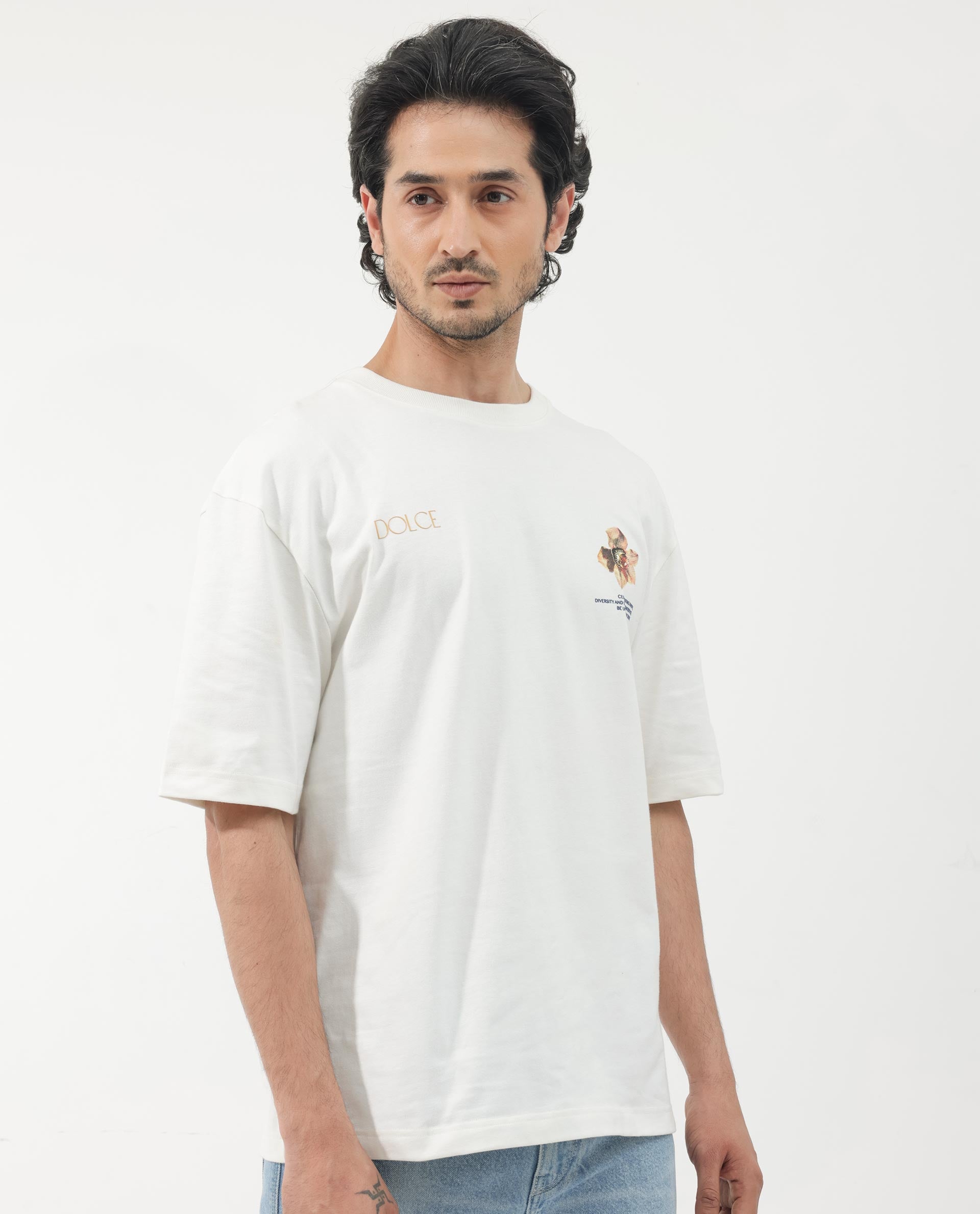 Rare Rabbit Articale Men's Cher Off White Cotton Fabric Crew Neck Oversized Fit Graphic Print T-Shirt