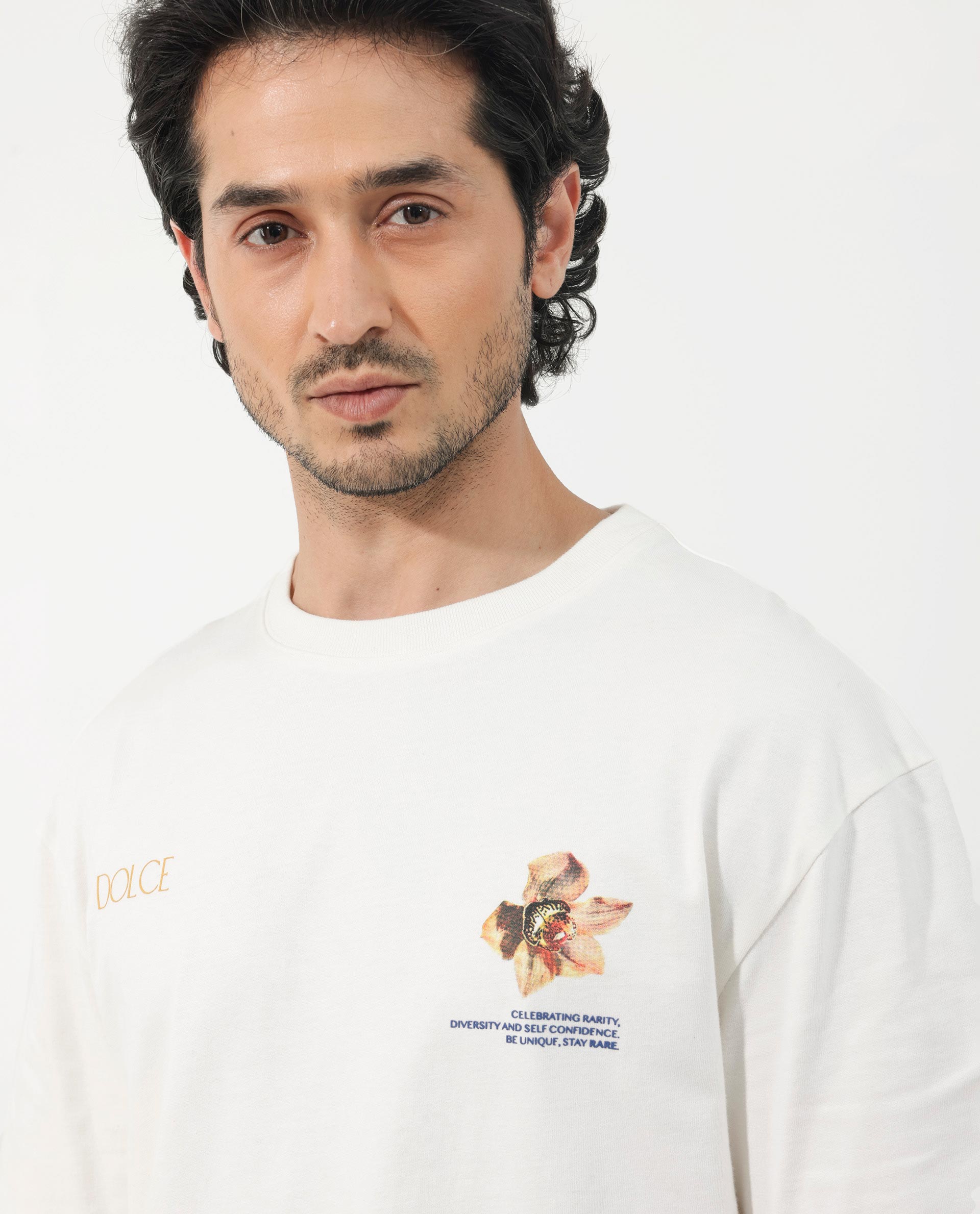 Rare Rabbit Articale Men's Cher Off White Cotton Fabric Crew Neck Oversized Fit Graphic Print T-Shirt