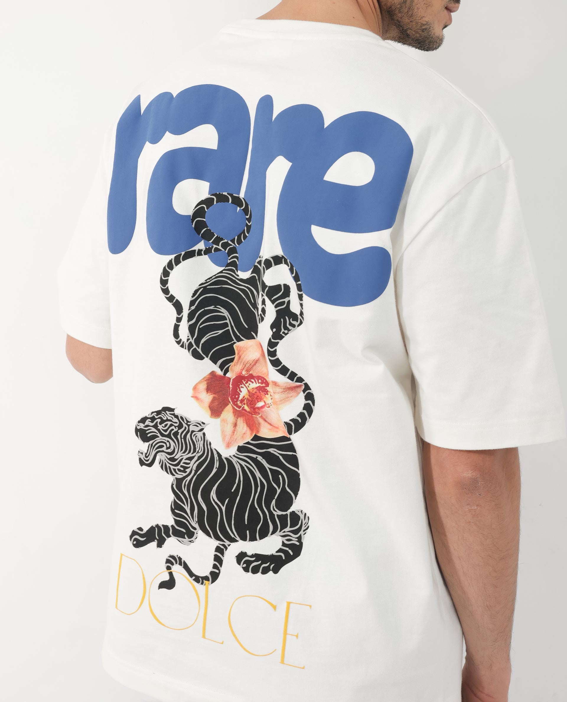 Rare Rabbit Articale Men's Cher Off White Cotton Fabric Crew Neck Oversized Fit Graphic Print T-Shirt