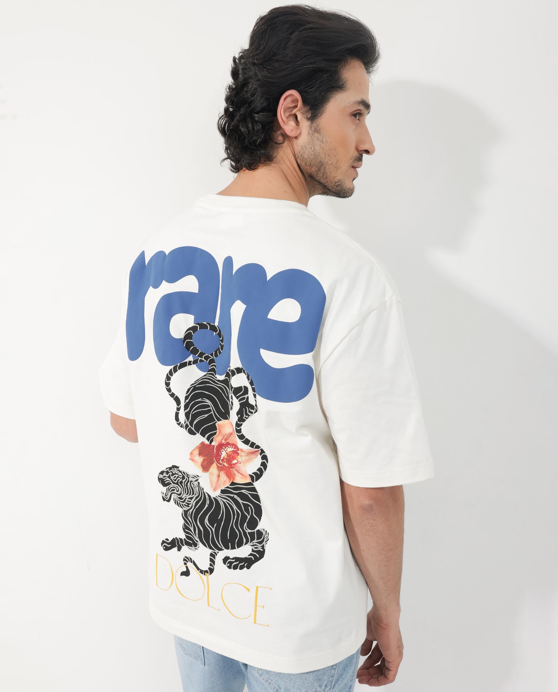 Rare Rabbit Articale Men's Cher Off White Cotton Fabric Crew Neck Oversized Fit Graphic Print T-Shirt