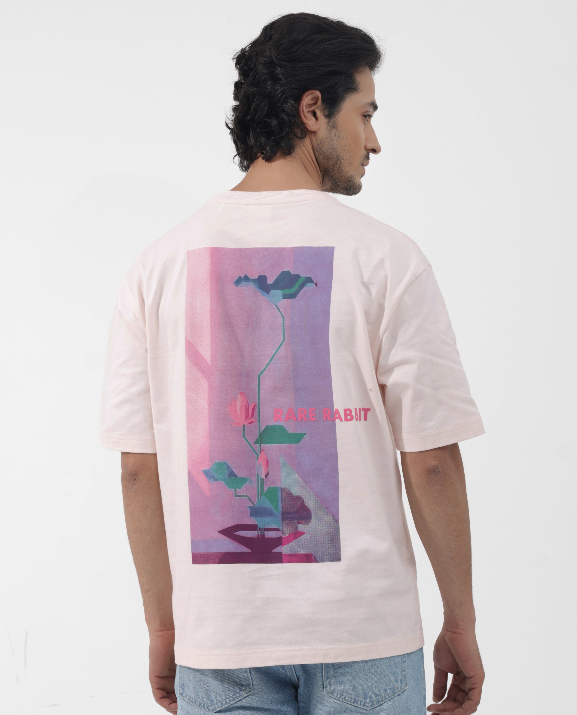 Rare Rabbit Articale Men's Dutton Pink Cotton Polyester Fabric Crew Neck Oversized Fit Graphic Print T-Shirt