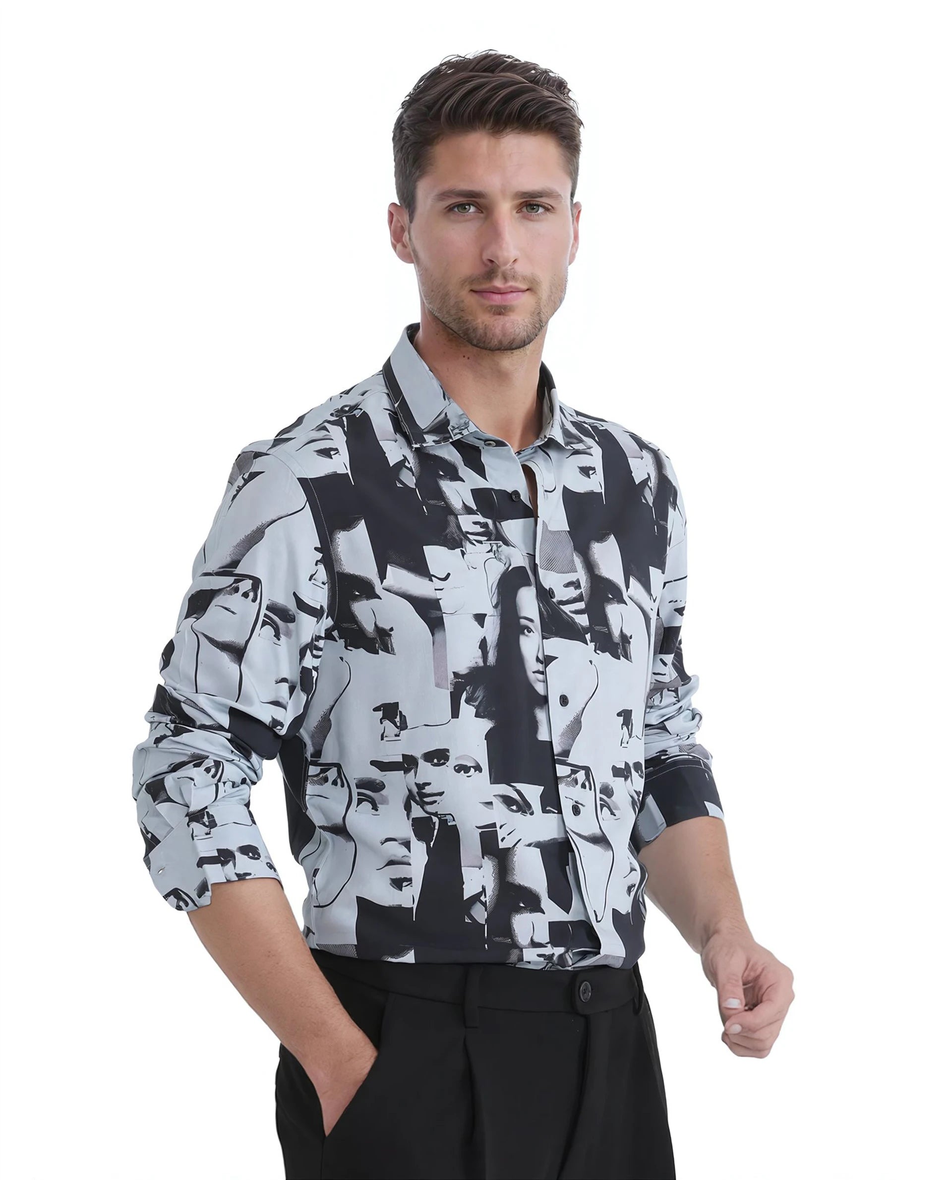 Rare Rabbit Men's Duval LS Grey Viscose Fabric Full Sleeves Regular Fit Abstract Print Shirt