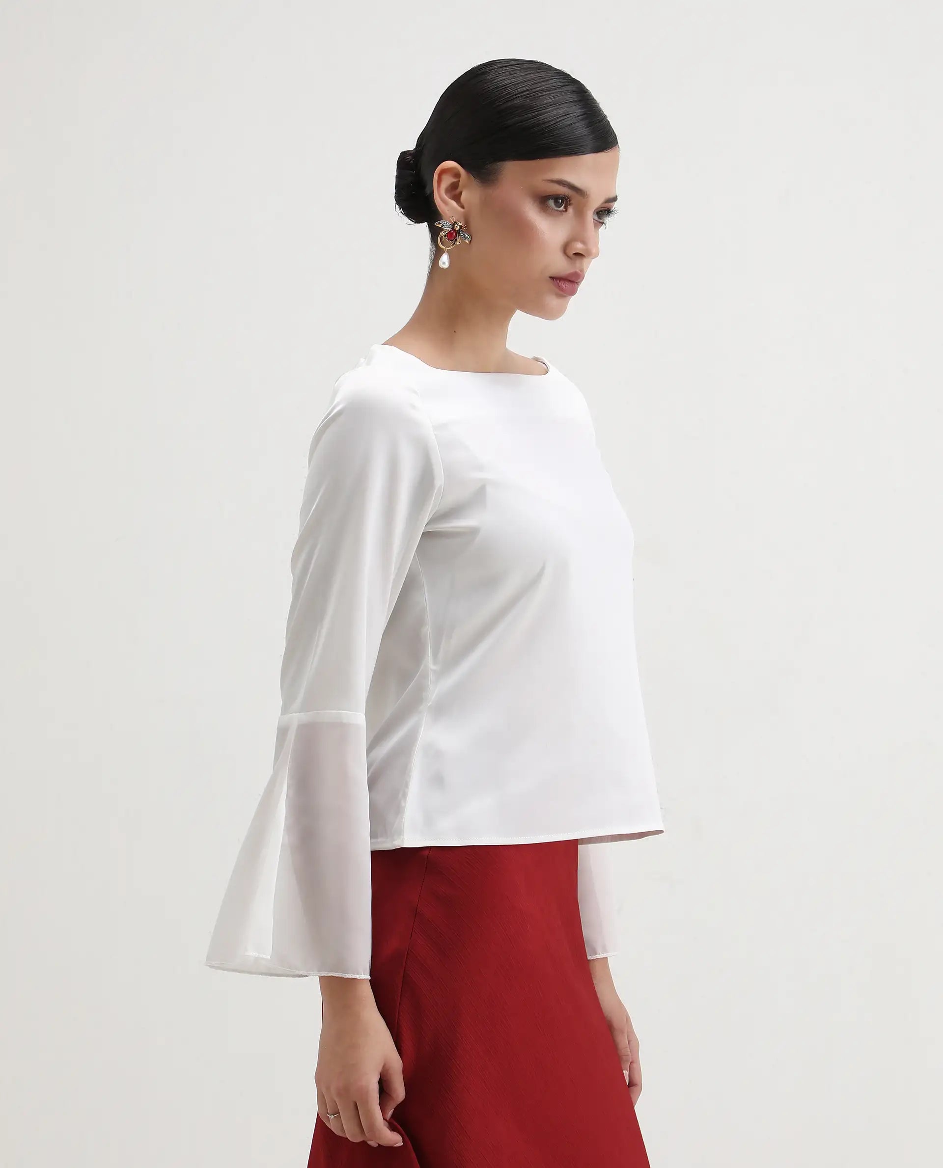 Rareism Women's Duvall White Polyester Blend Boat Neck Plain Bell Sleeve Regular Fit Top