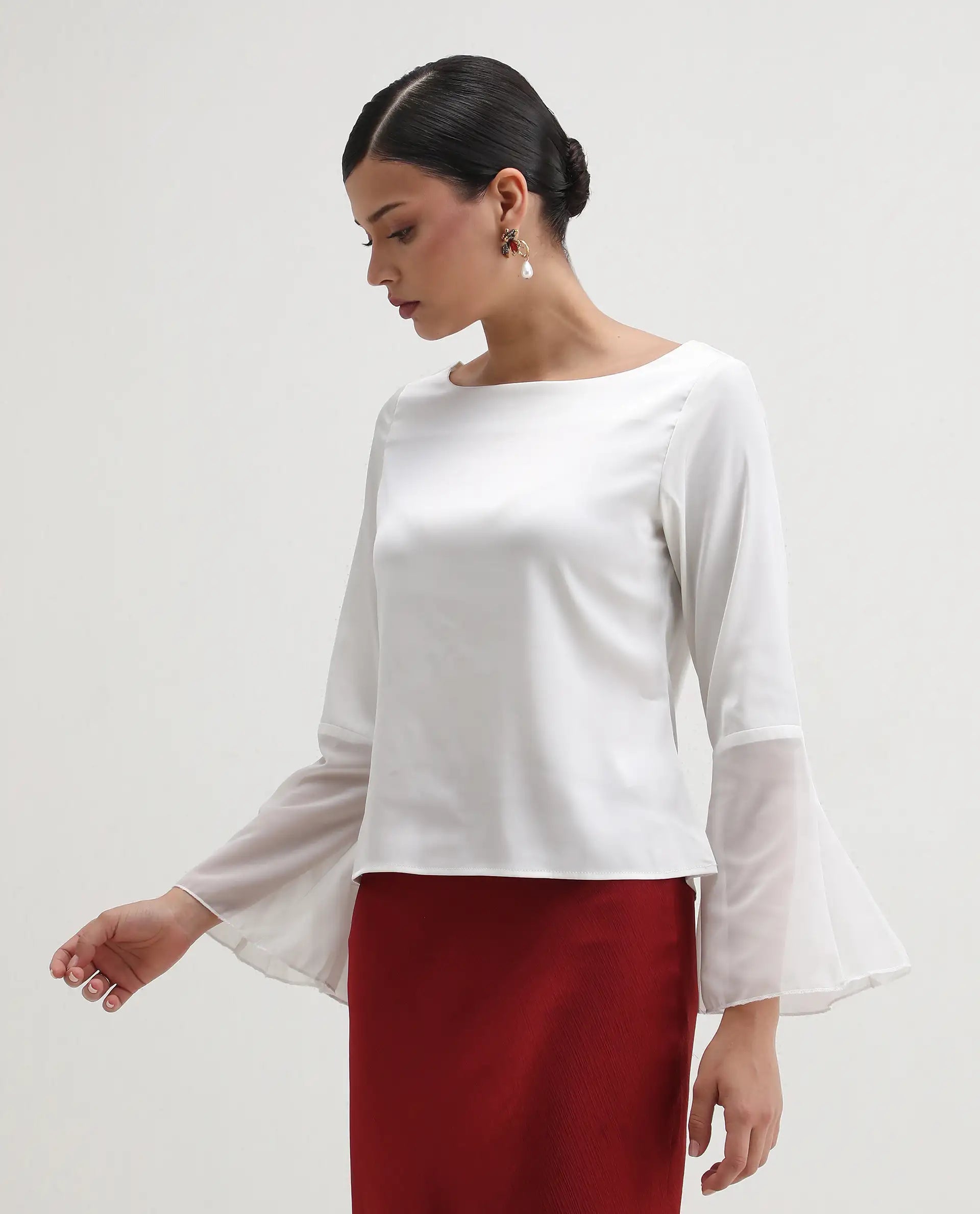 Rareism Women's Duvall White Polyester Blend Boat Neck Plain Bell Sleeve Regular Fit Top