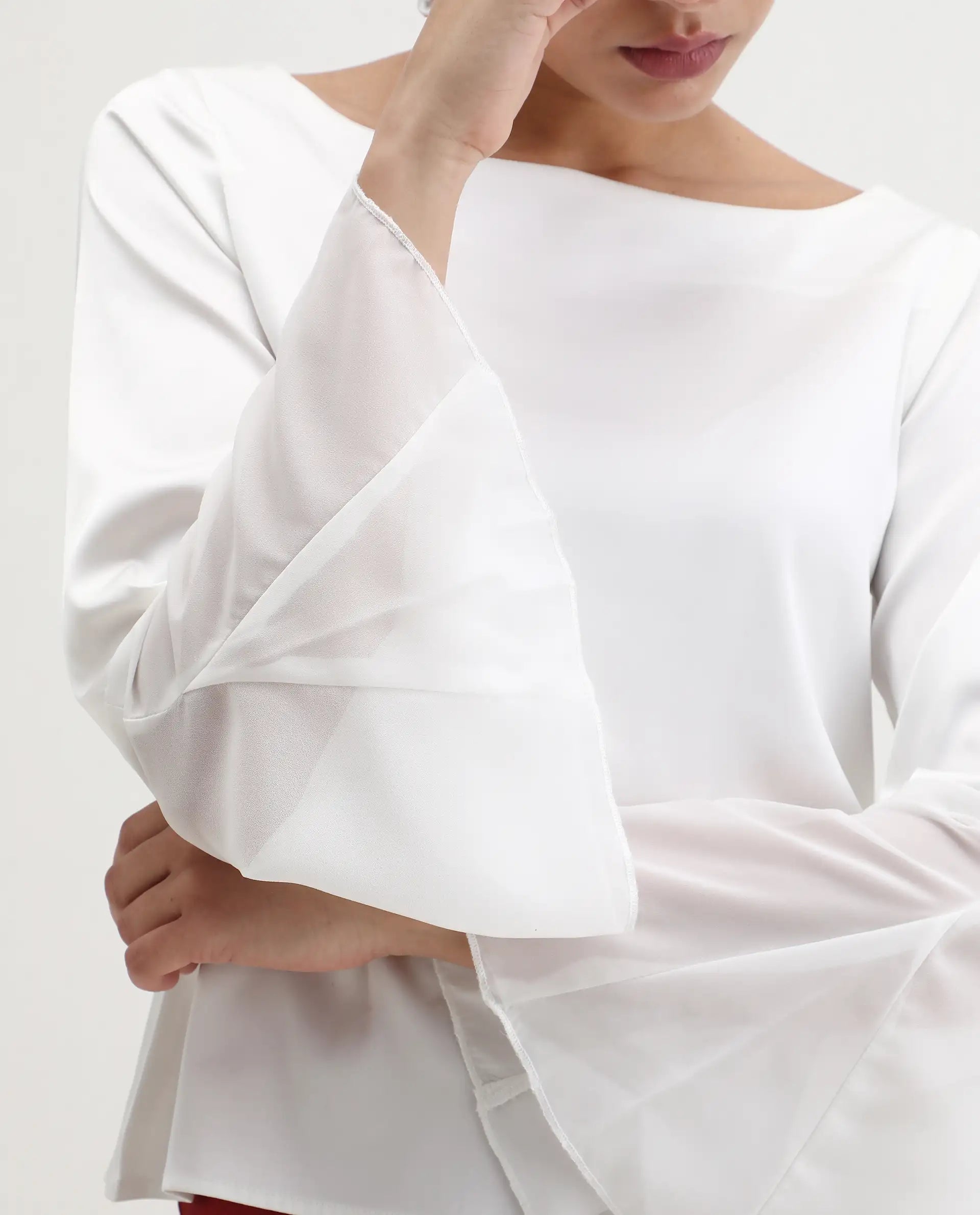 Rareism Women's Duvall White Polyester Blend Boat Neck Plain Bell Sleeve Regular Fit Top