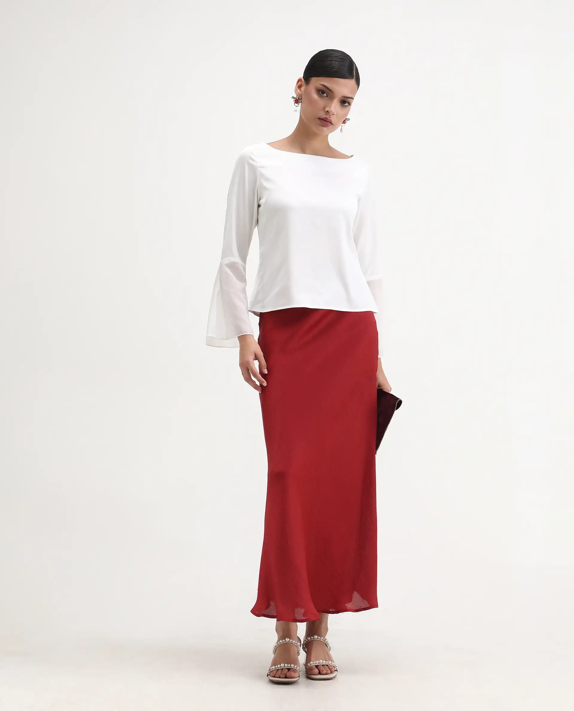 Rareism Women's Duvall White Polyester Blend Boat Neck Plain Bell Sleeve Regular Fit Top