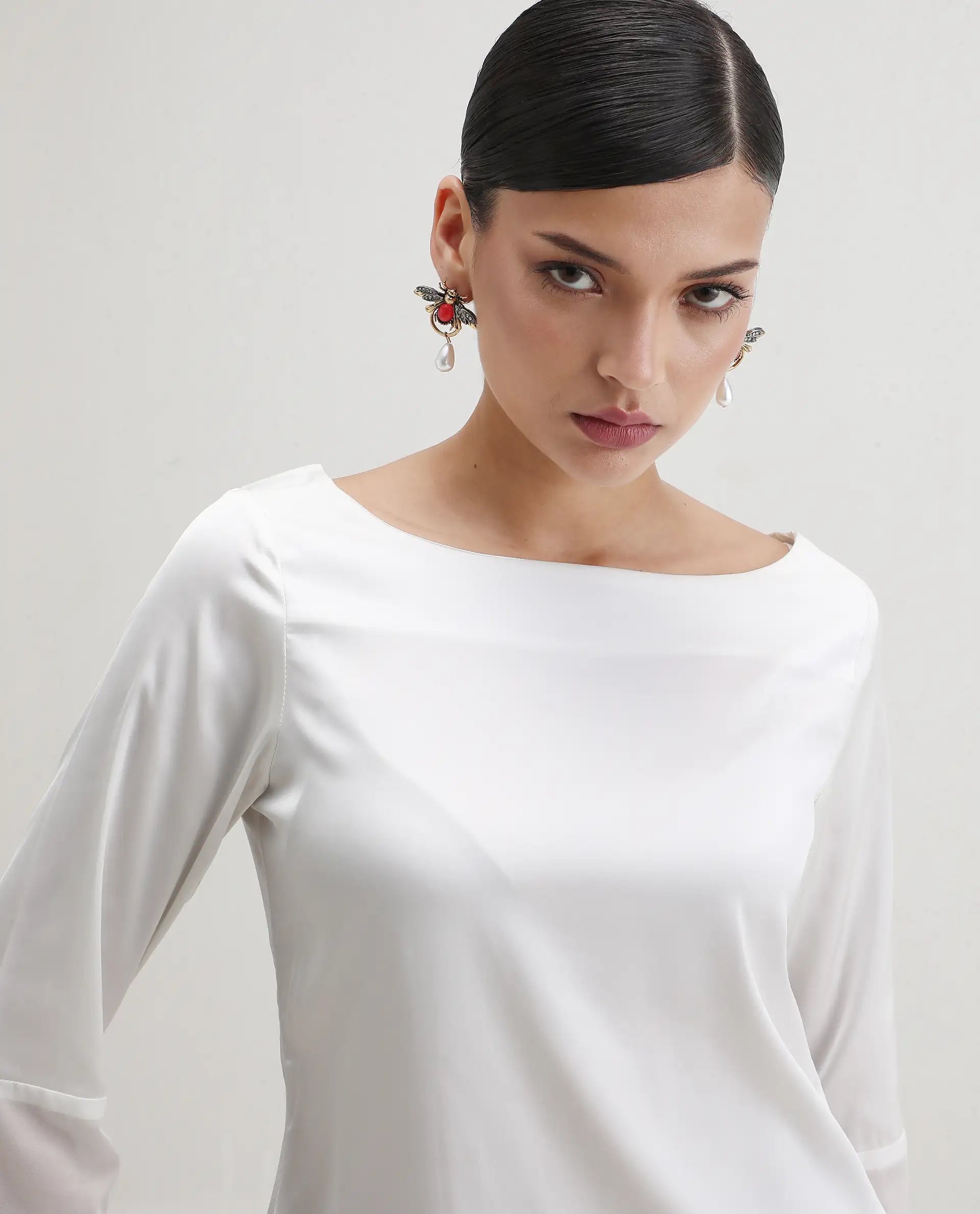 Rareism Women's Duvall White Polyester Blend Boat Neck Plain Bell Sleeve Regular Fit Top