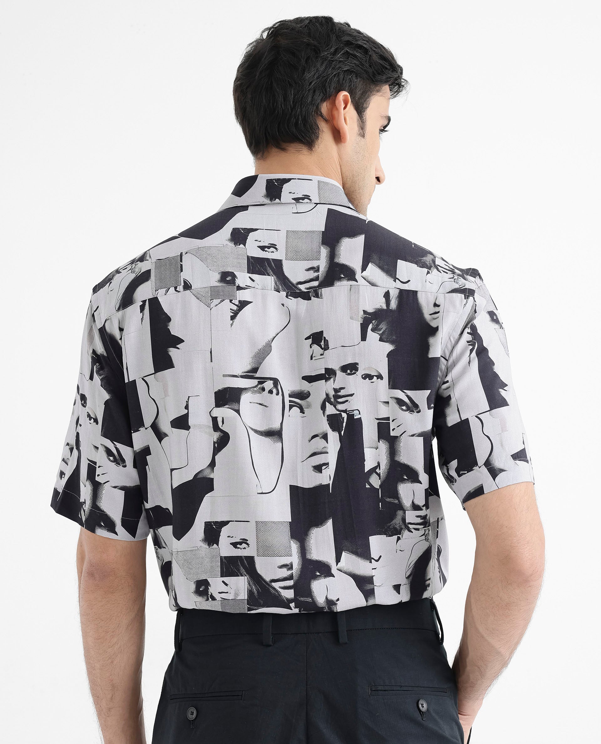 Rare Rabbit Men's Duval SS Grey Viscose Fabric Short Sleeves Boxy Fit Abstract Print Shirt