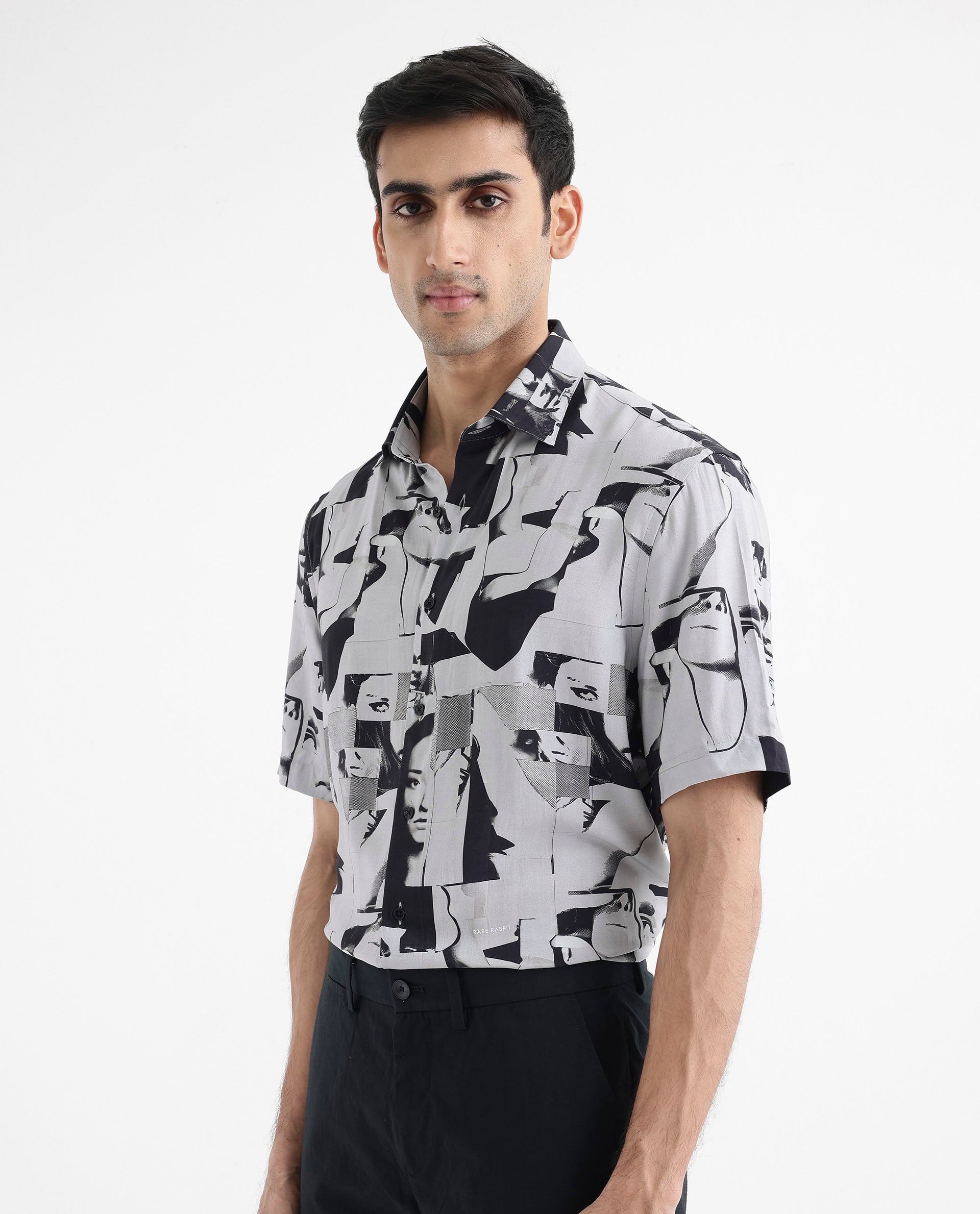 Rare Rabbit Men's Duval SS Grey Viscose Fabric Short Sleeves Boxy Fit Abstract Print Shirt