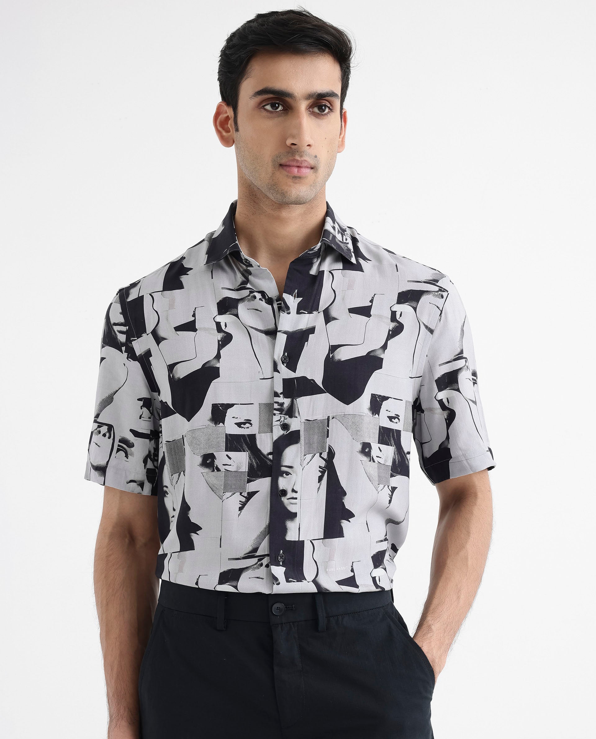 Rare Rabbit Men's Duval SS Grey Viscose Fabric Short Sleeves Boxy Fit Abstract Print Shirt