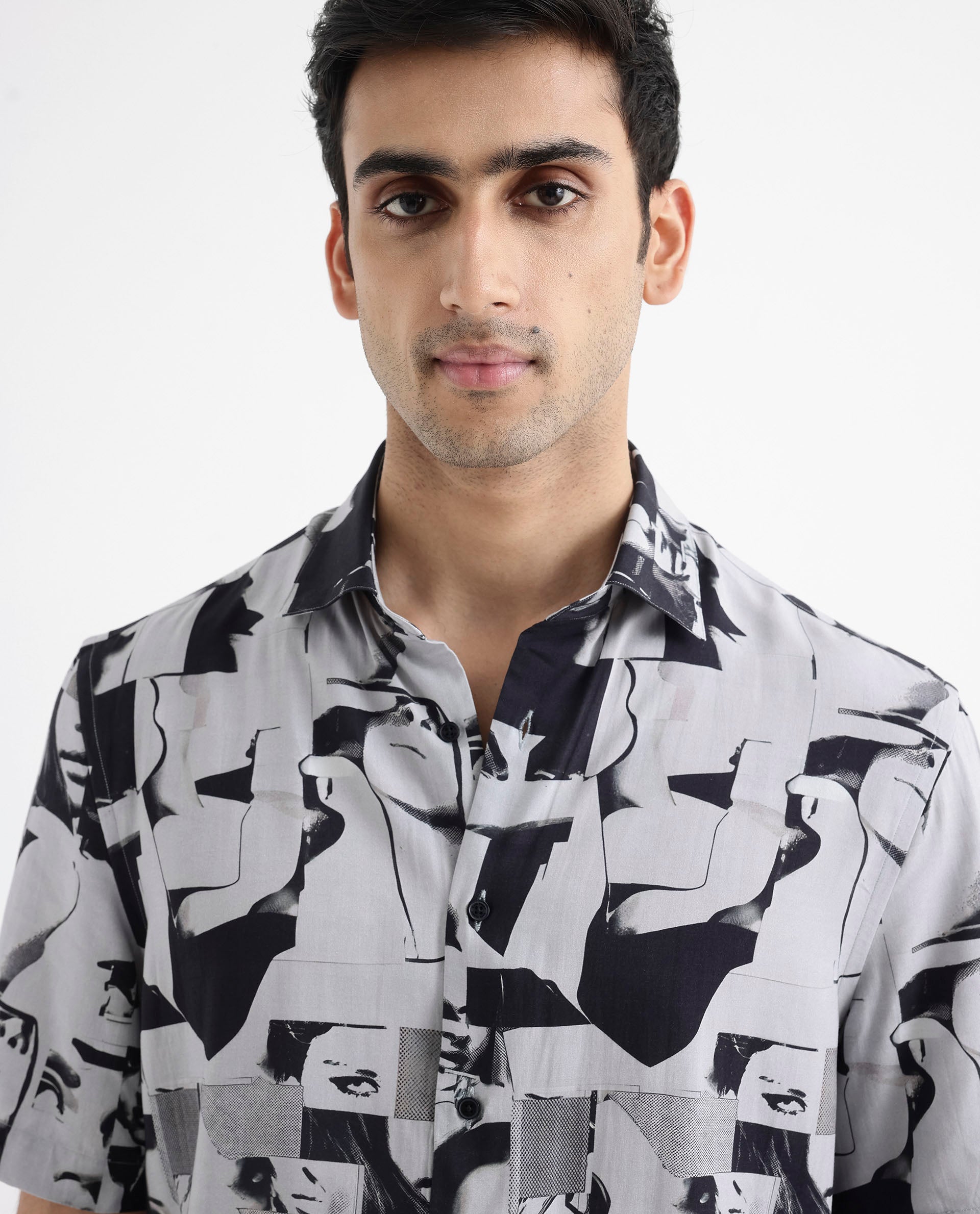 Rare Rabbit Men's Duval SS Grey Viscose Fabric Short Sleeves Boxy Fit Abstract Print Shirt