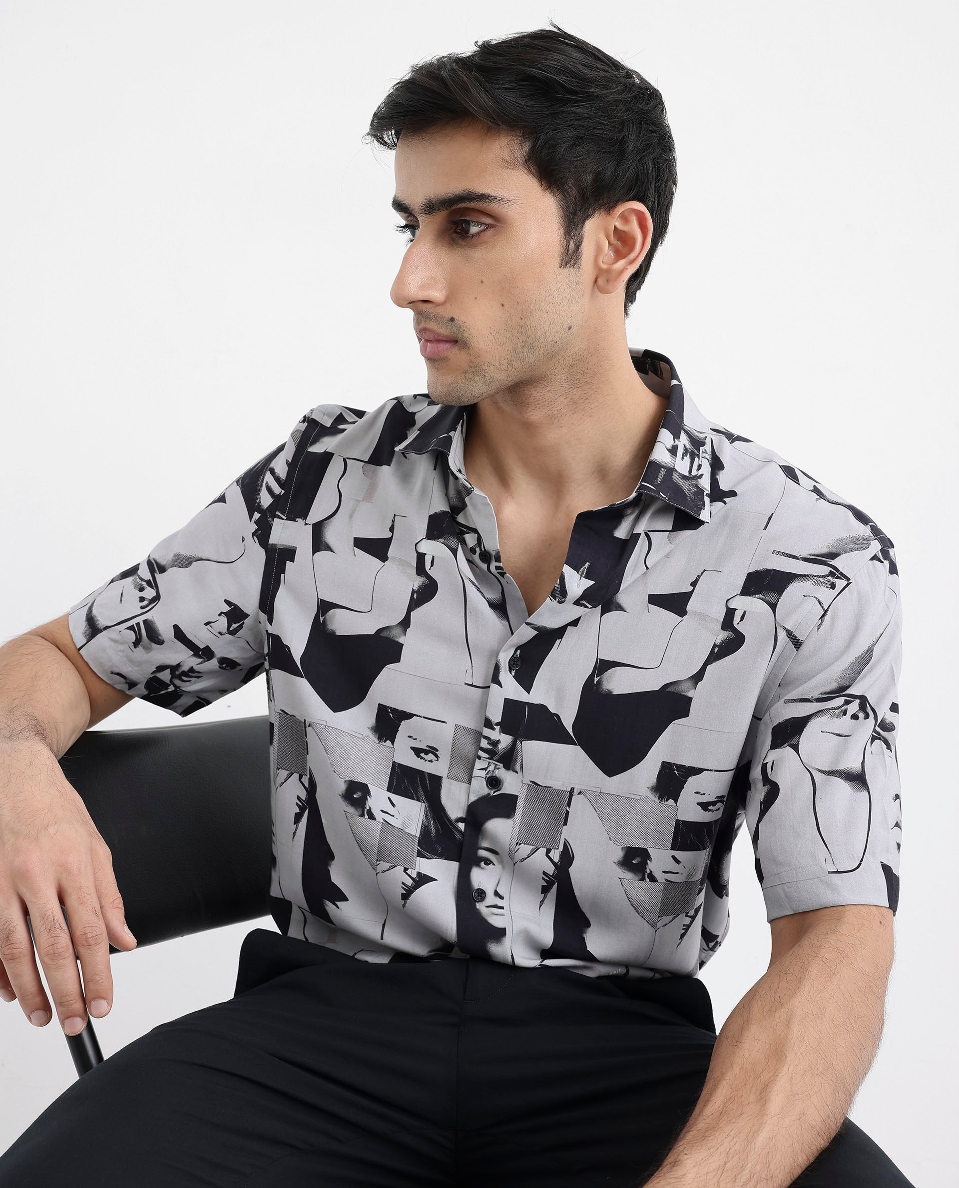Rare Rabbit Men's Duval SS Grey Viscose Fabric Short Sleeves Boxy Fit Abstract Print Shirt