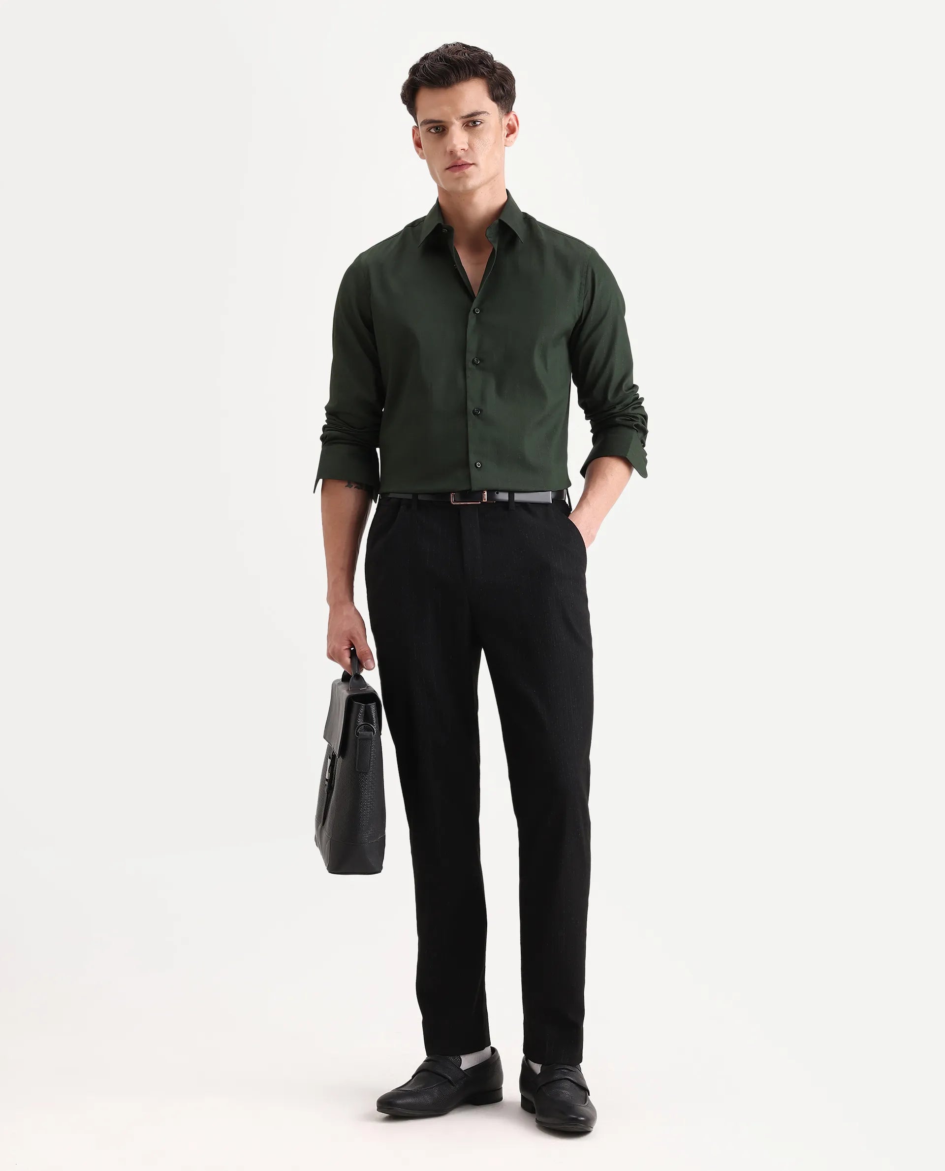 Rare Rabbit Men's Dyke Dark Green Cotton Blend Fabric Spread Collar Regular Fit Striped Shirt