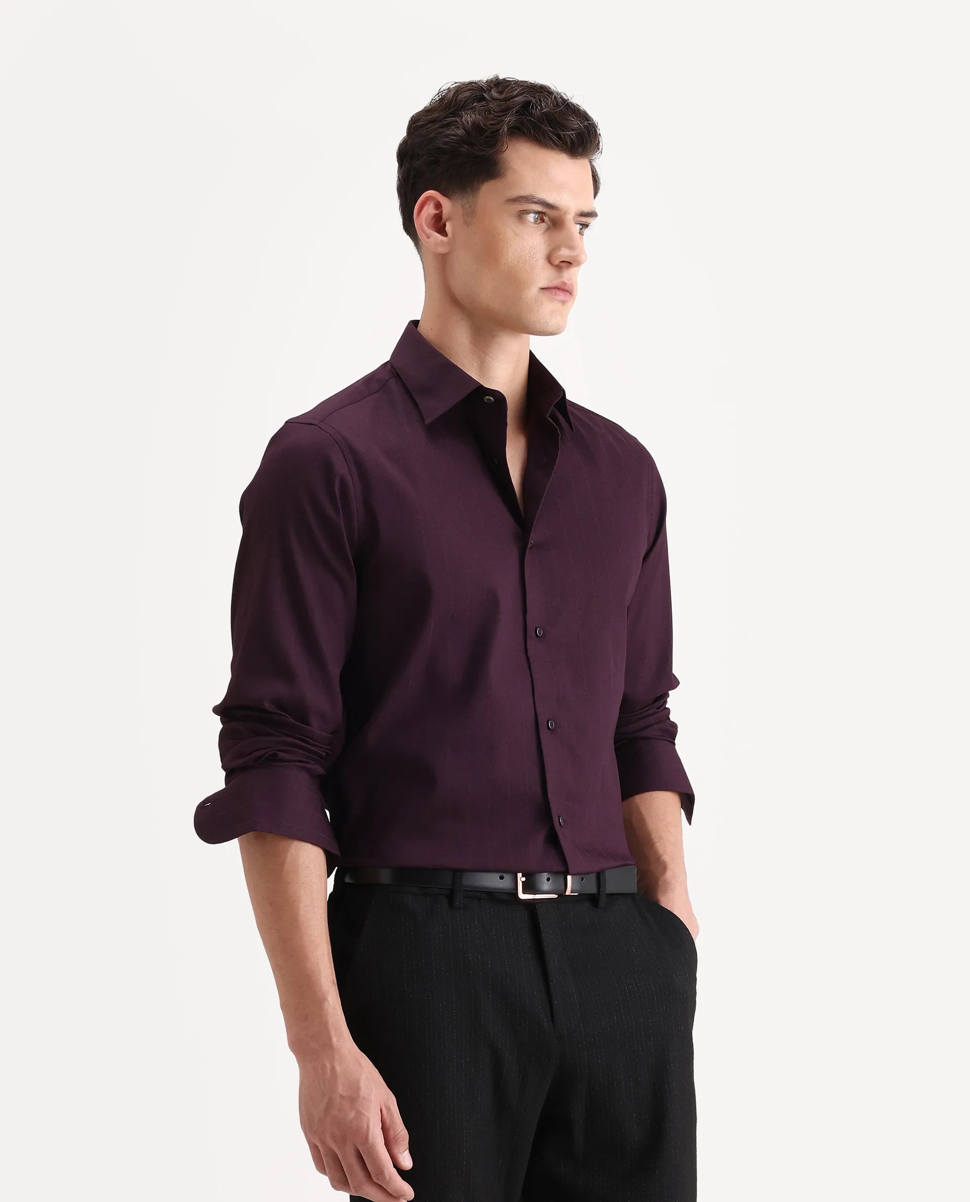 Rare Rabbit Men's Dyke Dark Purple Cotton Blend Fabric Spread Collar Regular Fit Striped Shirt