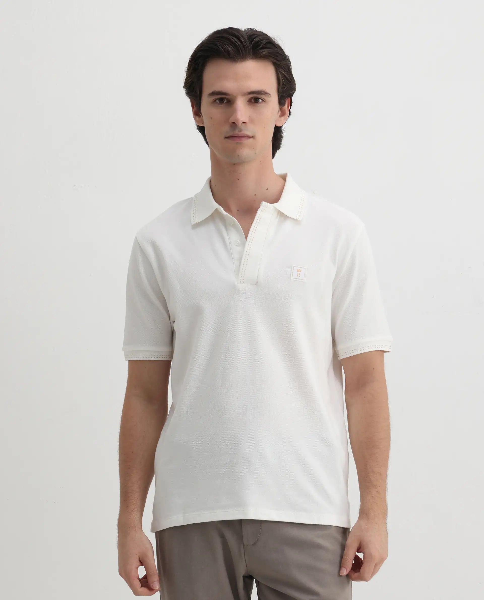 Rare Rabbit Men's Dylan White Cotton Blend Plain Regular Fit Half Sleeve Polo