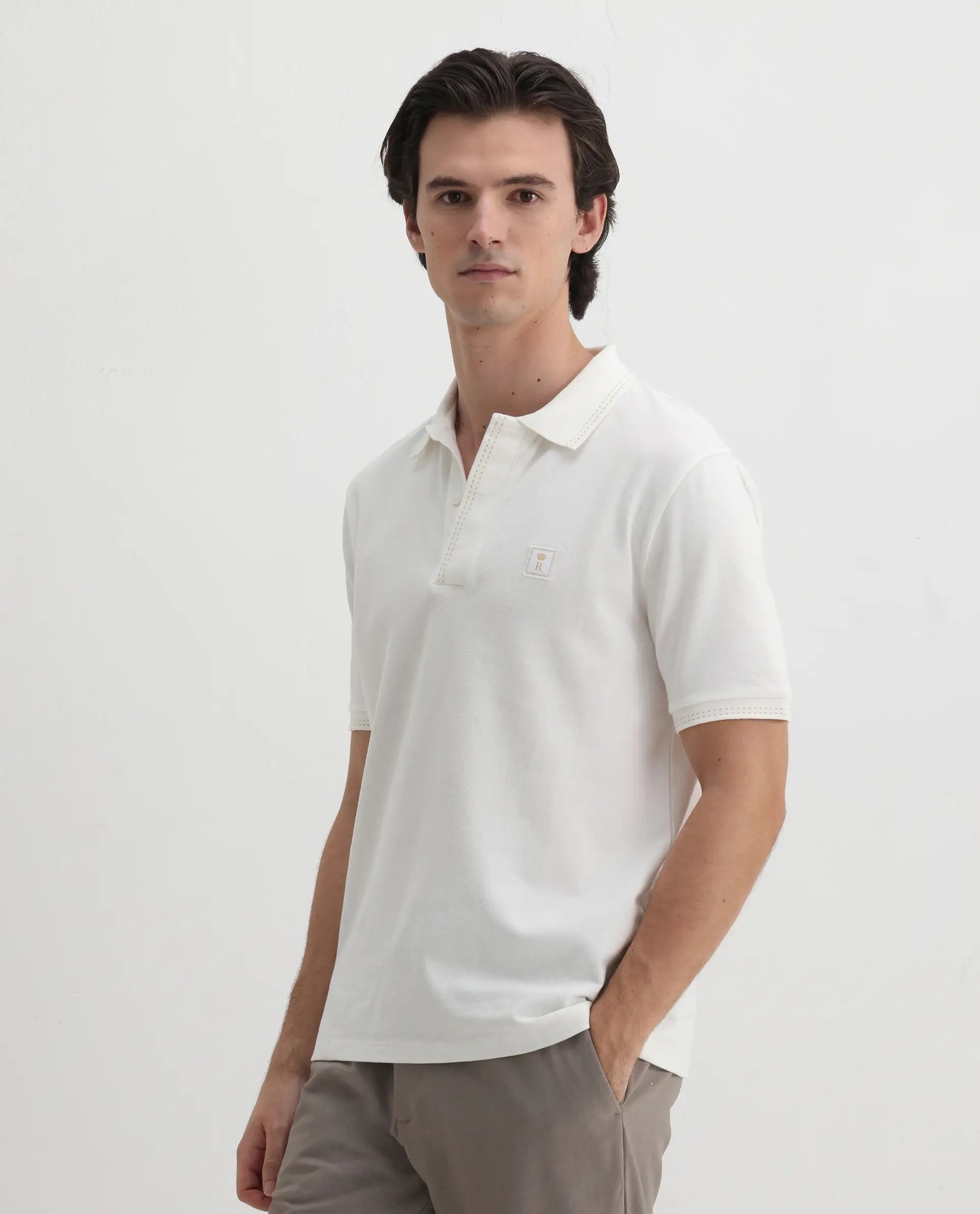 Rare Rabbit Men's Dylan White Cotton Blend Plain Regular Fit Half Sleeve Polo