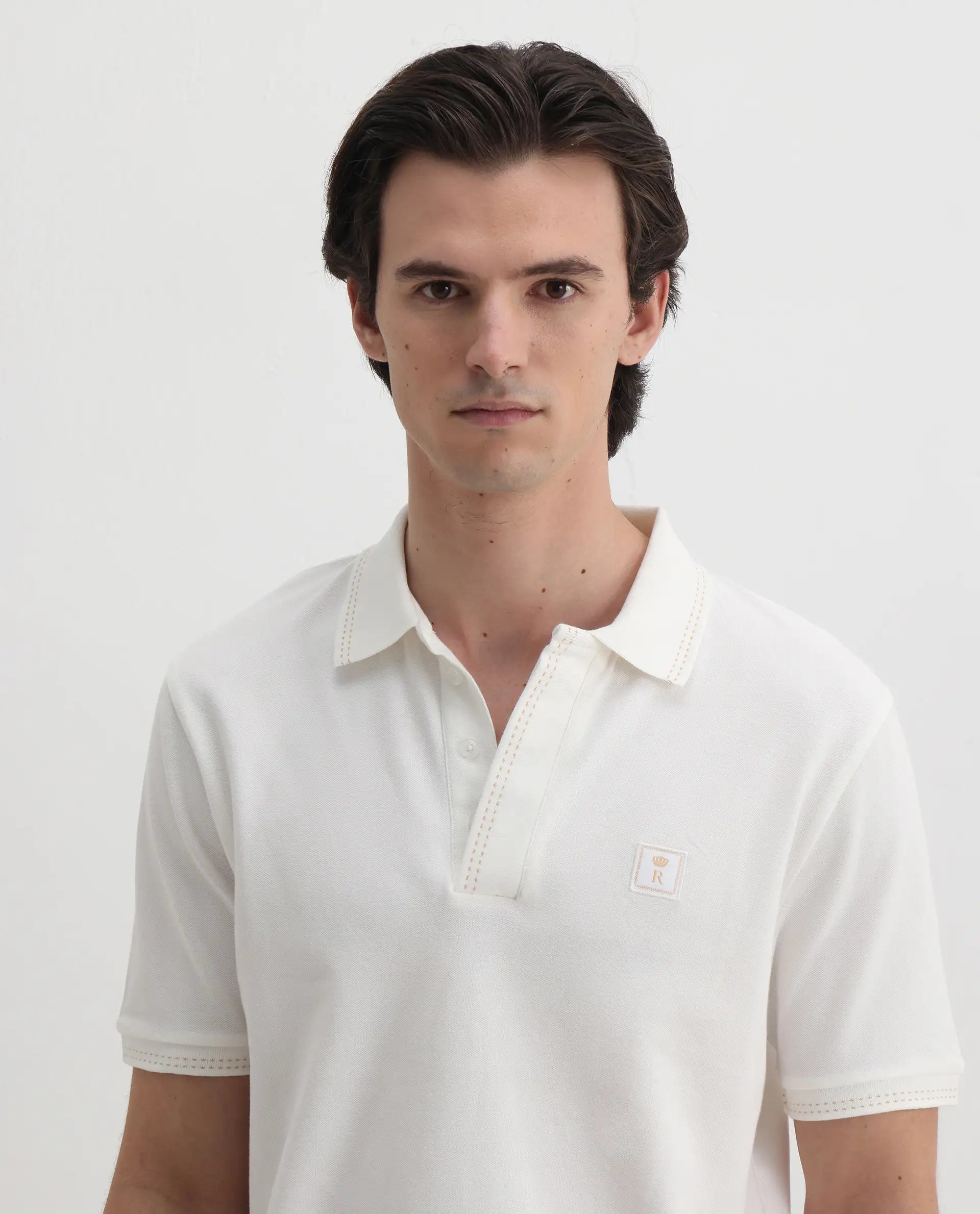 Rare Rabbit Men's Dylan White Cotton Blend Plain Regular Fit Half Sleeve Polo