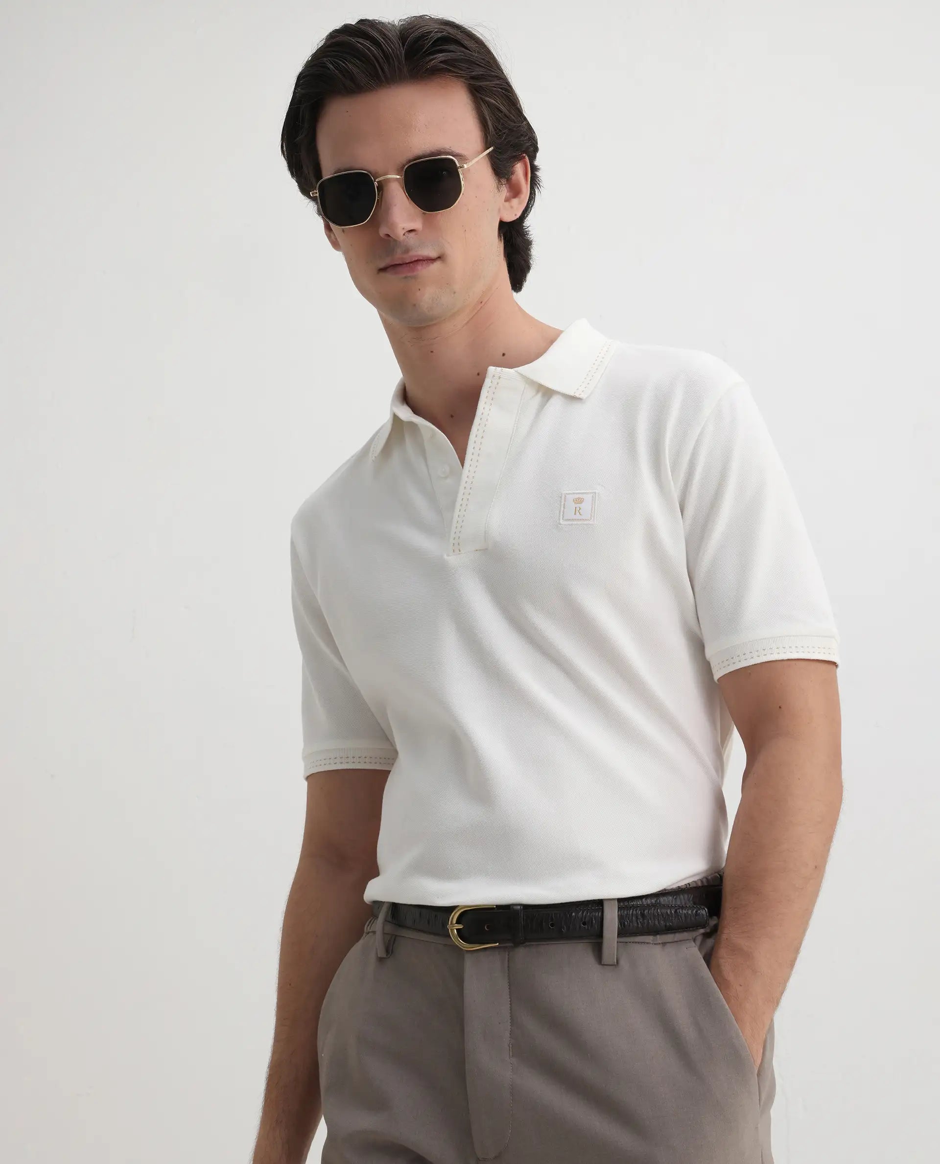 Rare Rabbit Men's Dylan White Cotton Blend Plain Regular Fit Half Sleeve Polo