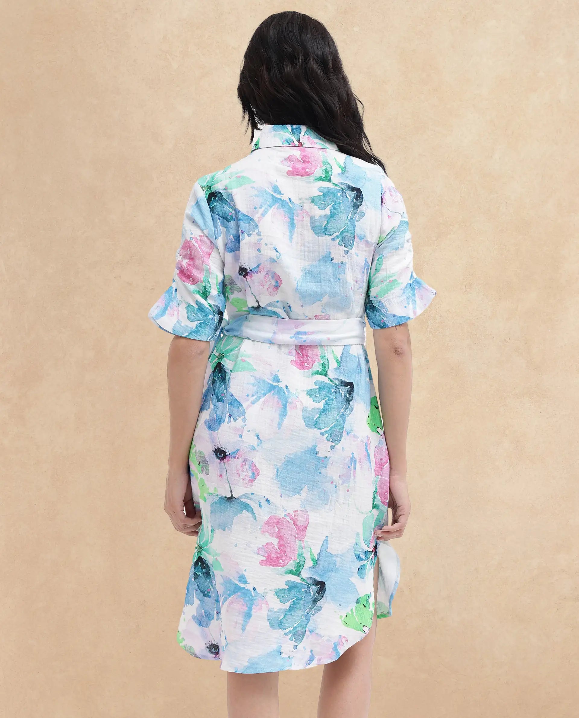 Rareism Women Dyusa Multi Cotton Fabric Short Sleeve Collared Neck Floral Print Longline Dress