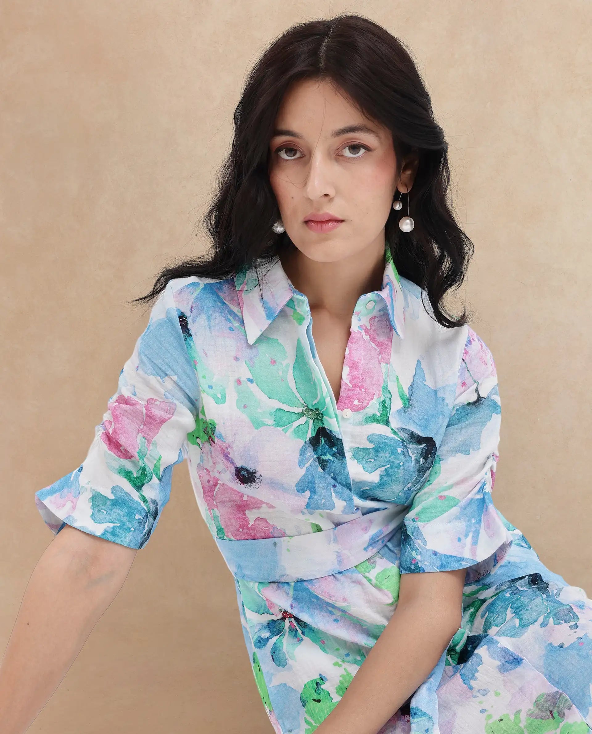 Rareism Women Dyusa Multi Cotton Fabric Short Sleeve Collared Neck Floral Print Longline Dress