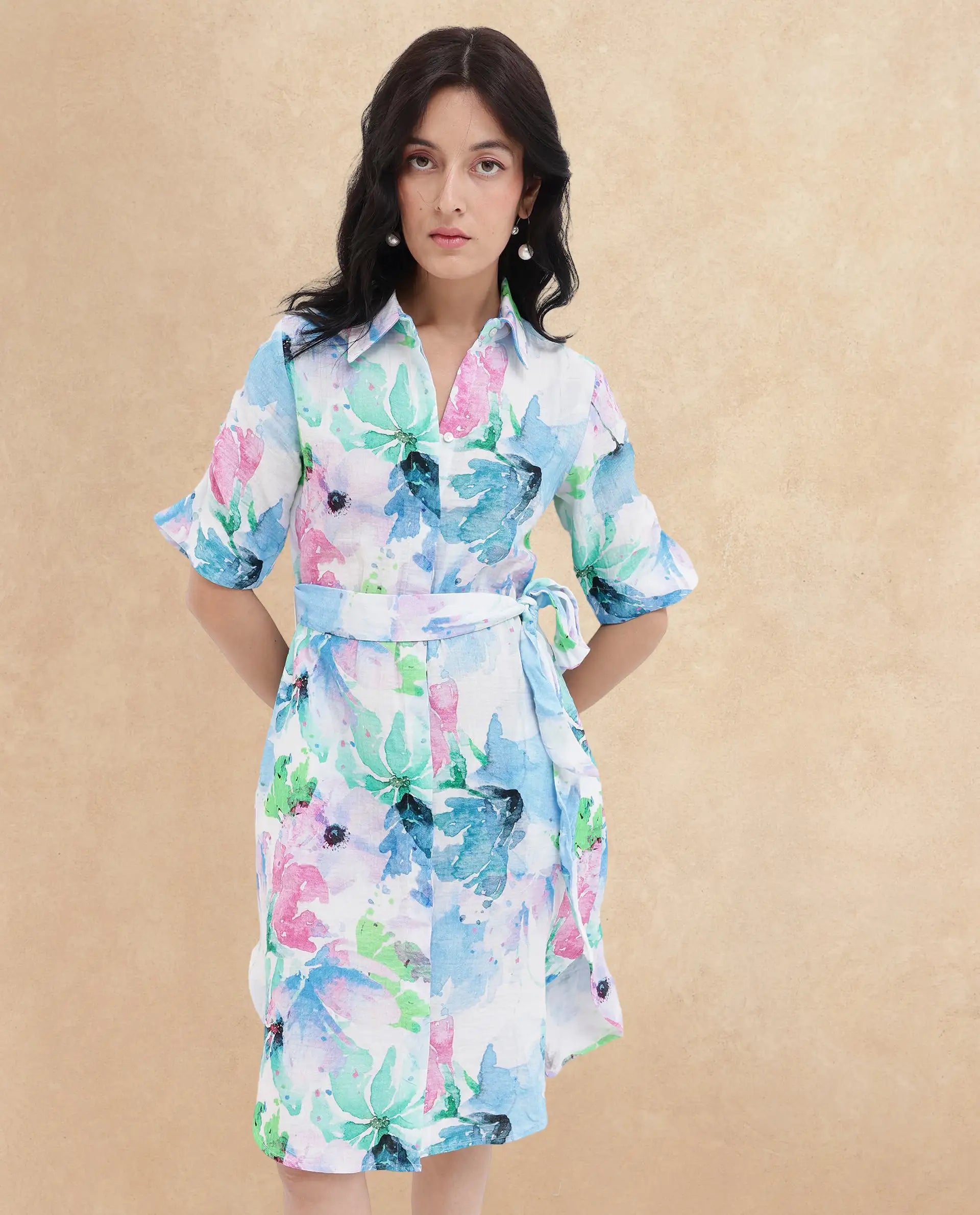 Rareism Women Dyusa Multi Cotton Fabric Short Sleeve Collared Neck Floral Print Longline Dress