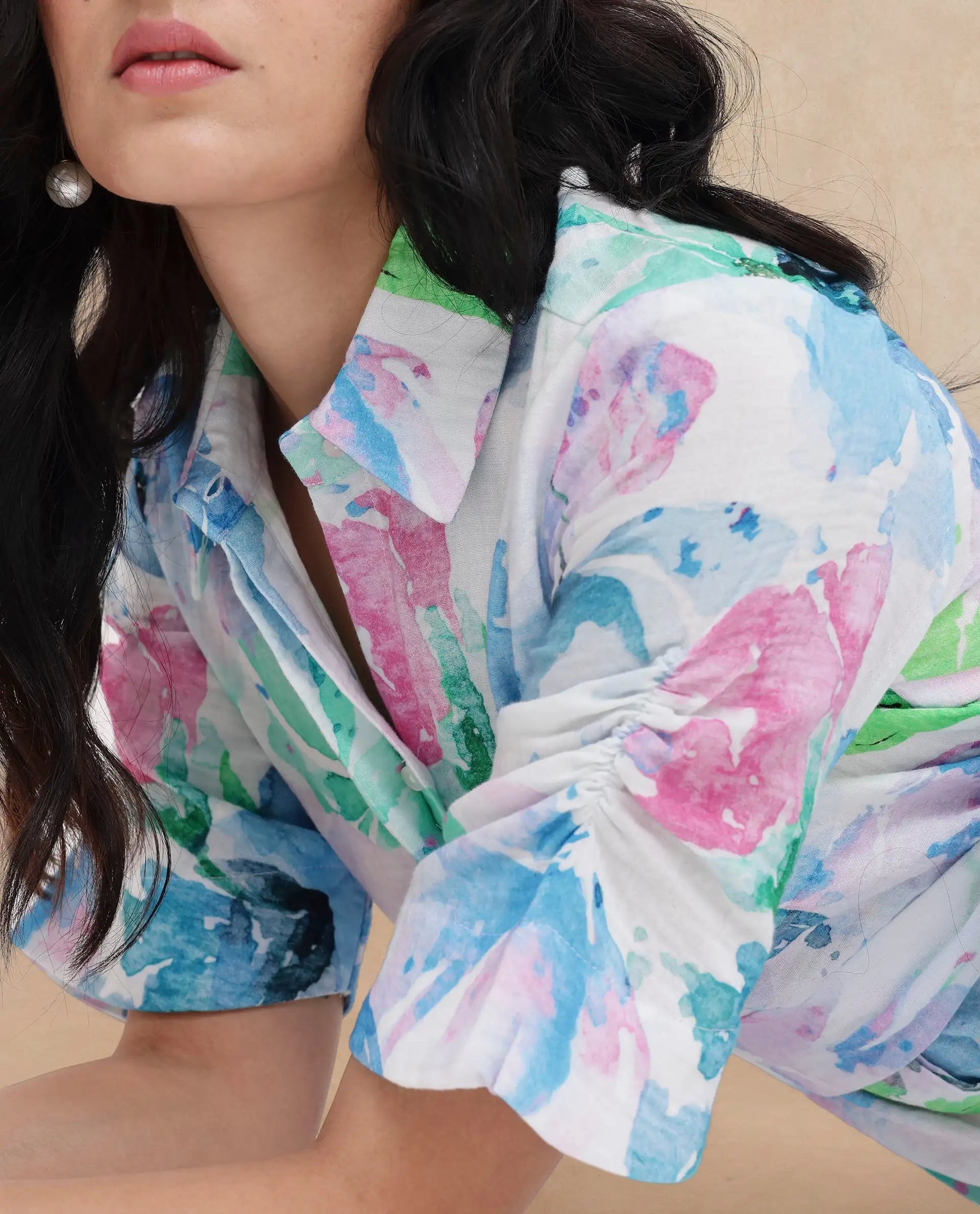 Rareism Women Dyusa Multi Cotton Fabric Short Sleeve Collared Neck Floral Print Longline Dress