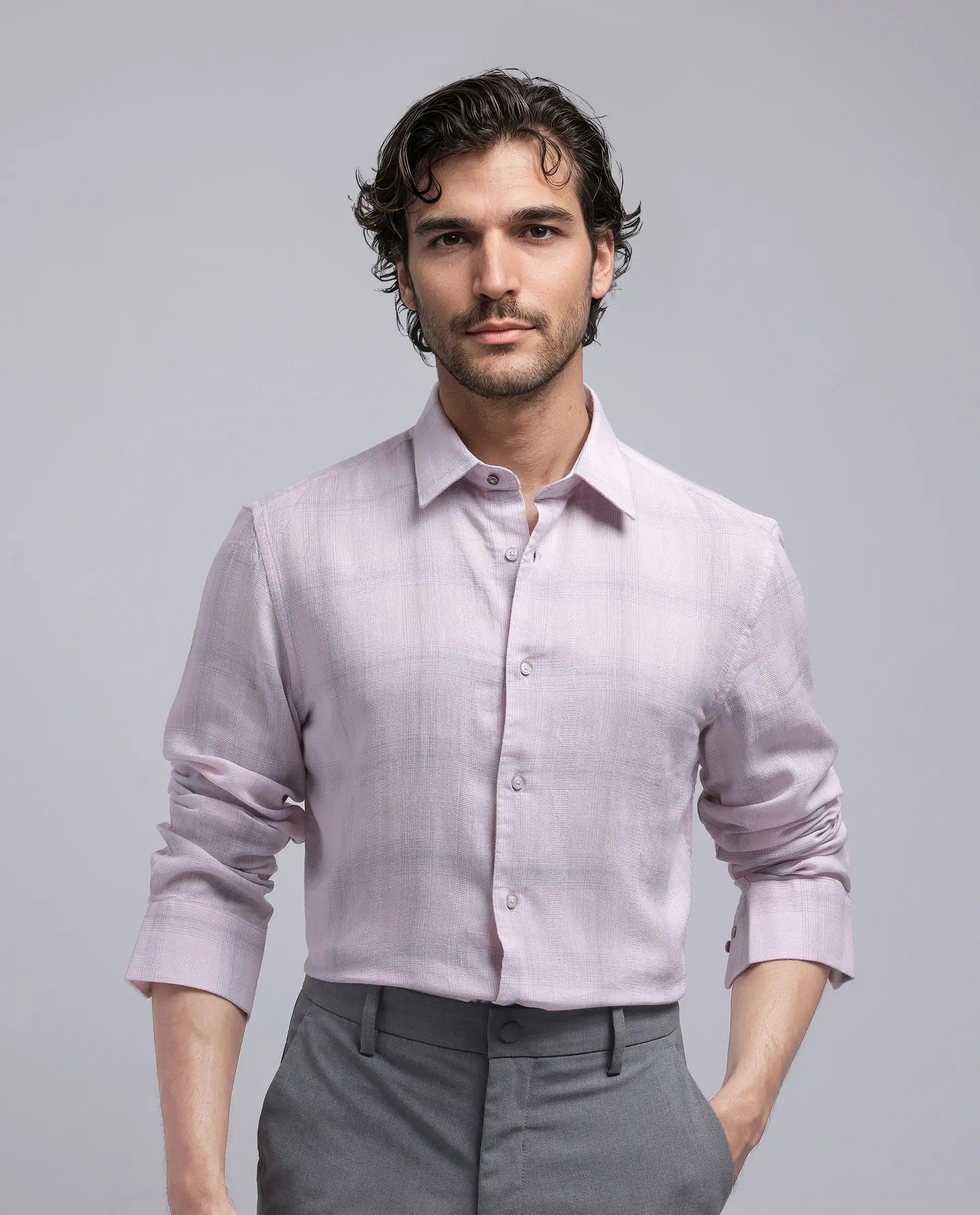 Rare Rabbit Men Eamon Light Pink Lyocell Linen Fabric Full Sleeve Collared Neck Button Closure Checked Shirt