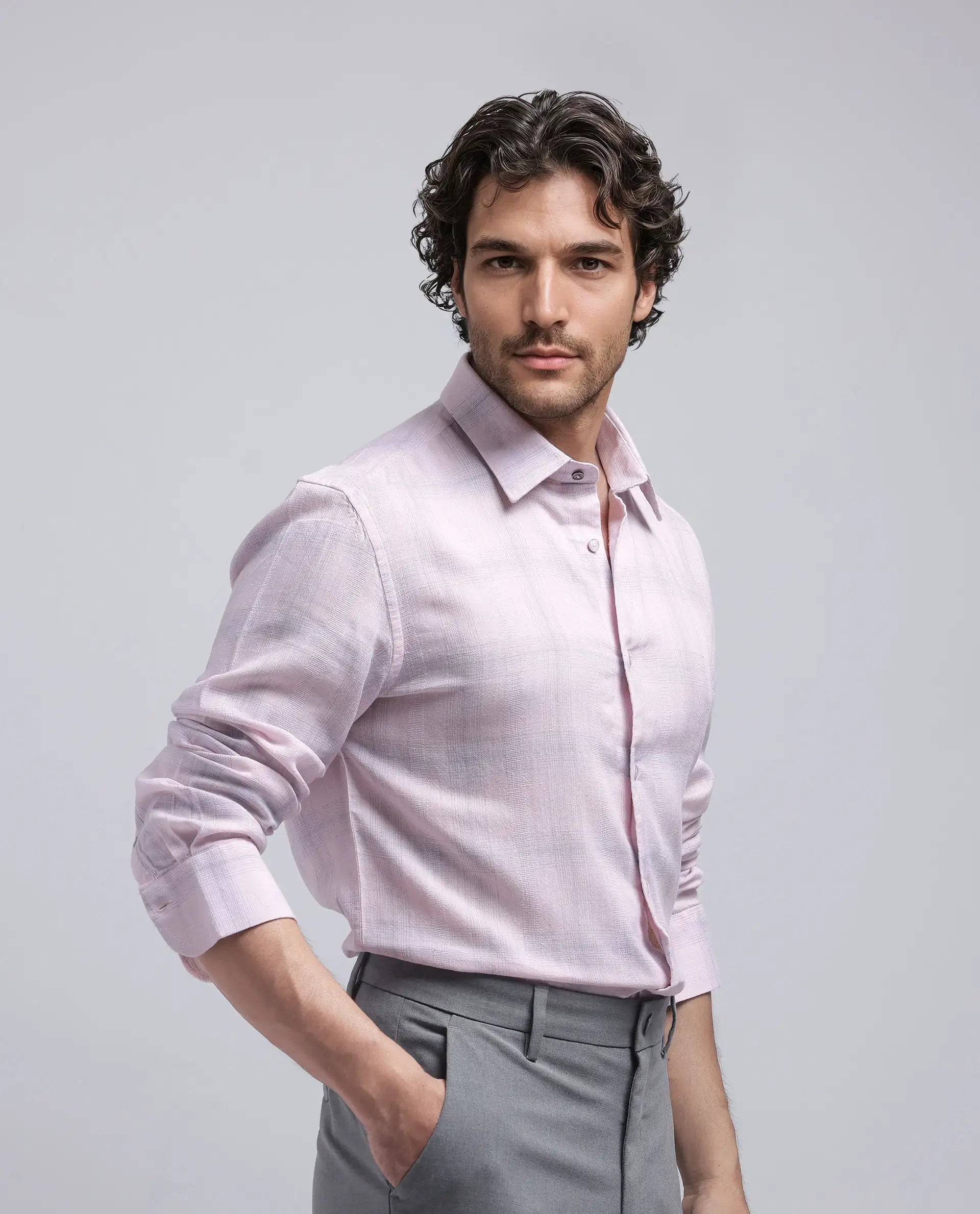 Rare Rabbit Men Eamon Light Pink Lyocell Linen Fabric Full Sleeve Collared Neck Button Closure Checked Shirt