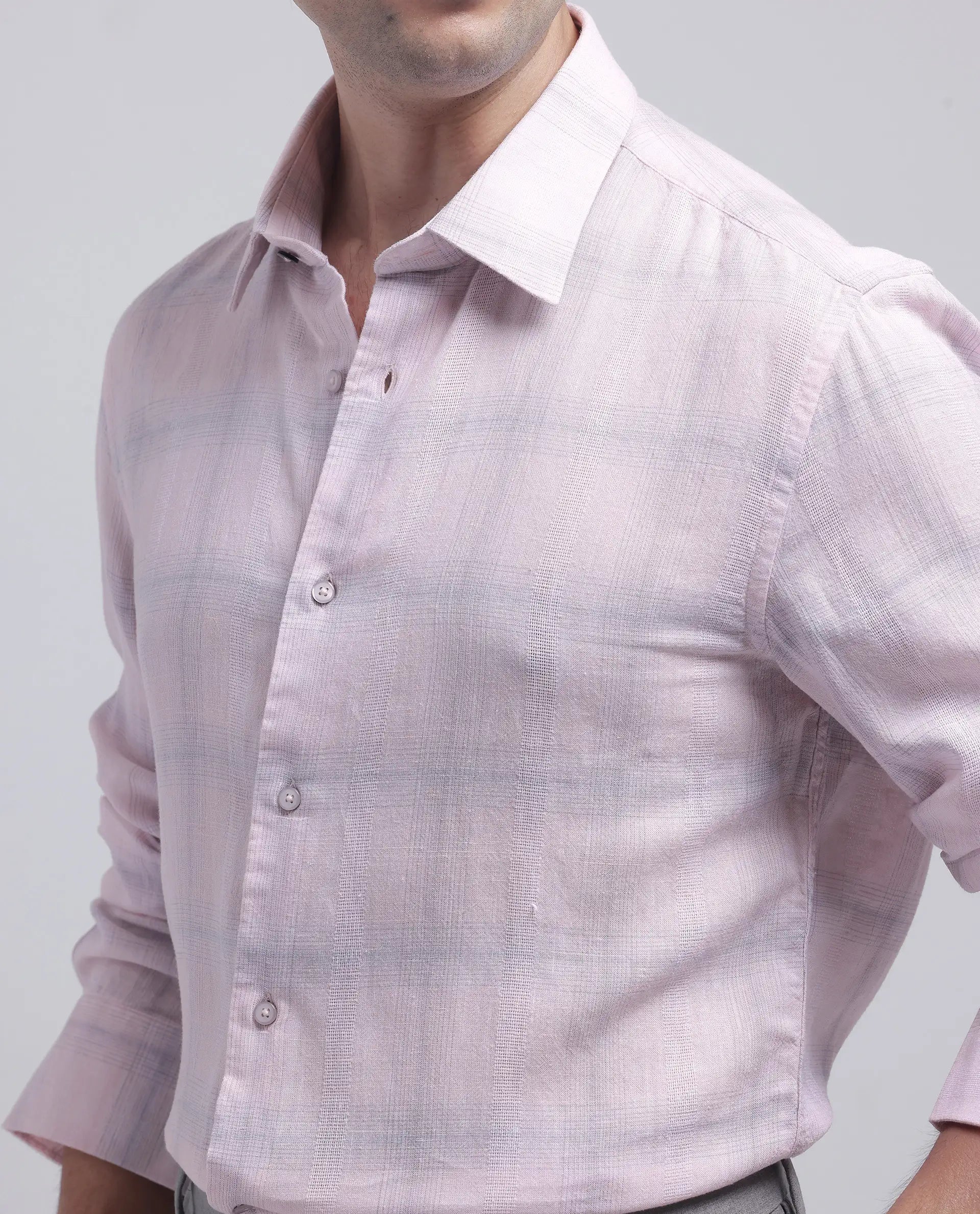 Rare Rabbit Men Eamon Light Pink Lyocell Linen Fabric Full Sleeve Collared Neck Button Closure Checked Shirt