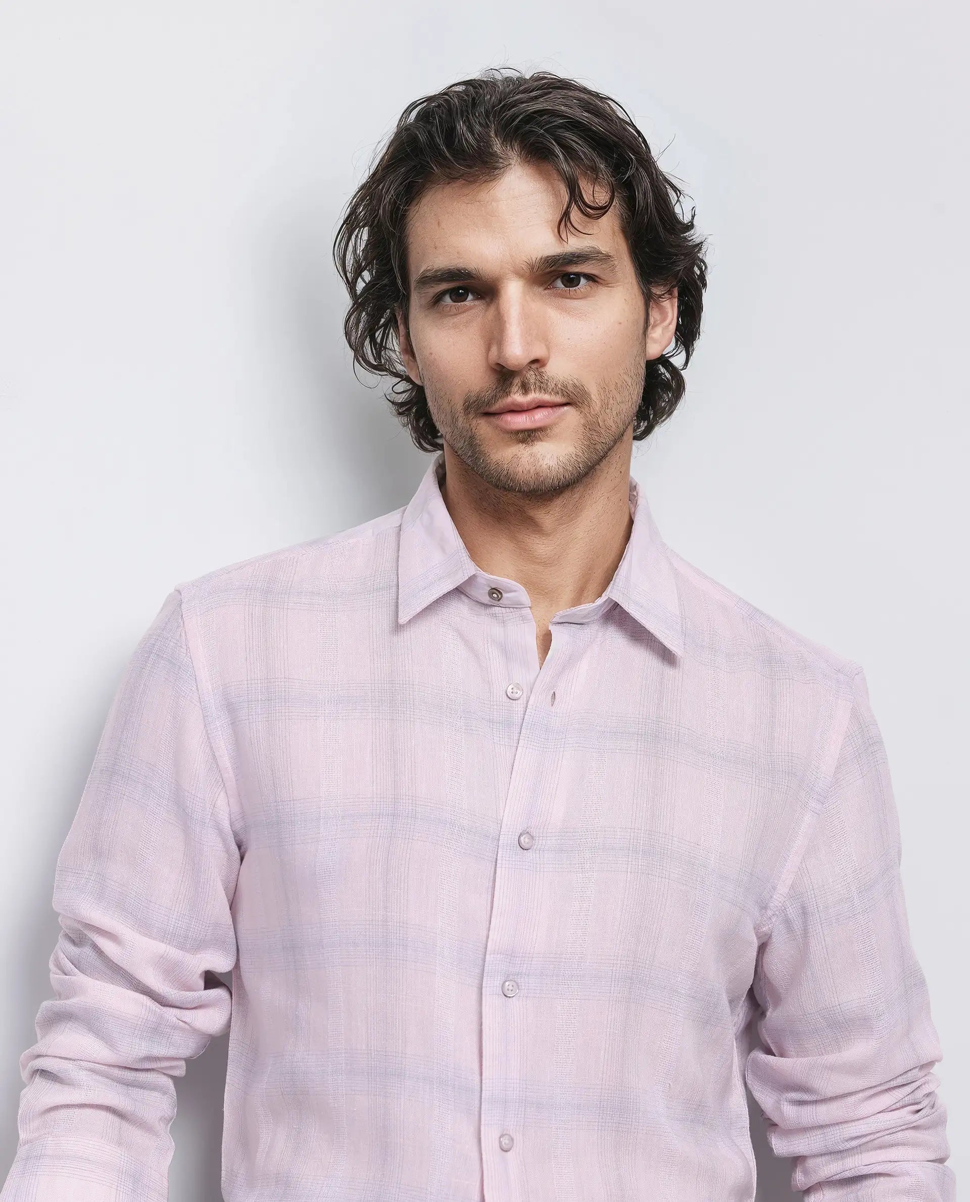 Rare Rabbit Men Eamon Light Pink Lyocell Linen Fabric Full Sleeve Collared Neck Button Closure Checked Shirt