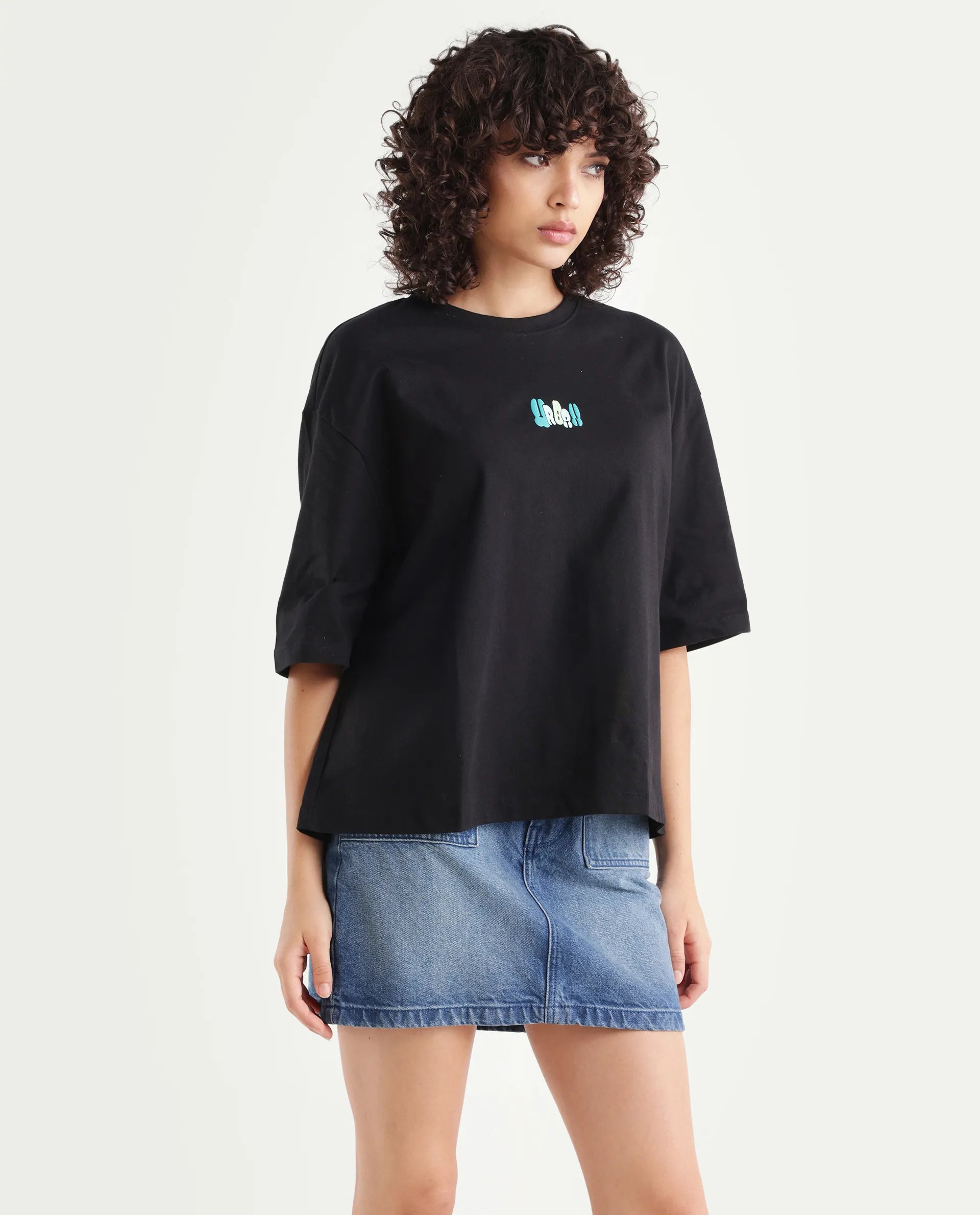 Rareism Women's Earl Black Cotton Blend Crew Neck Graphic Print Relaxed Fit T-Shirt