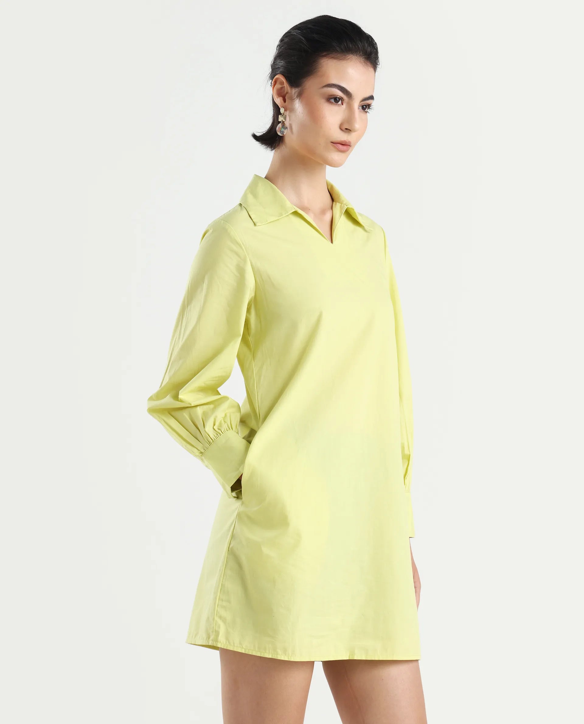 Rareism Women's Earo Light Green Cotton Drop Collar Plain Cuffed Sleeve Mini Regular Fit Dress