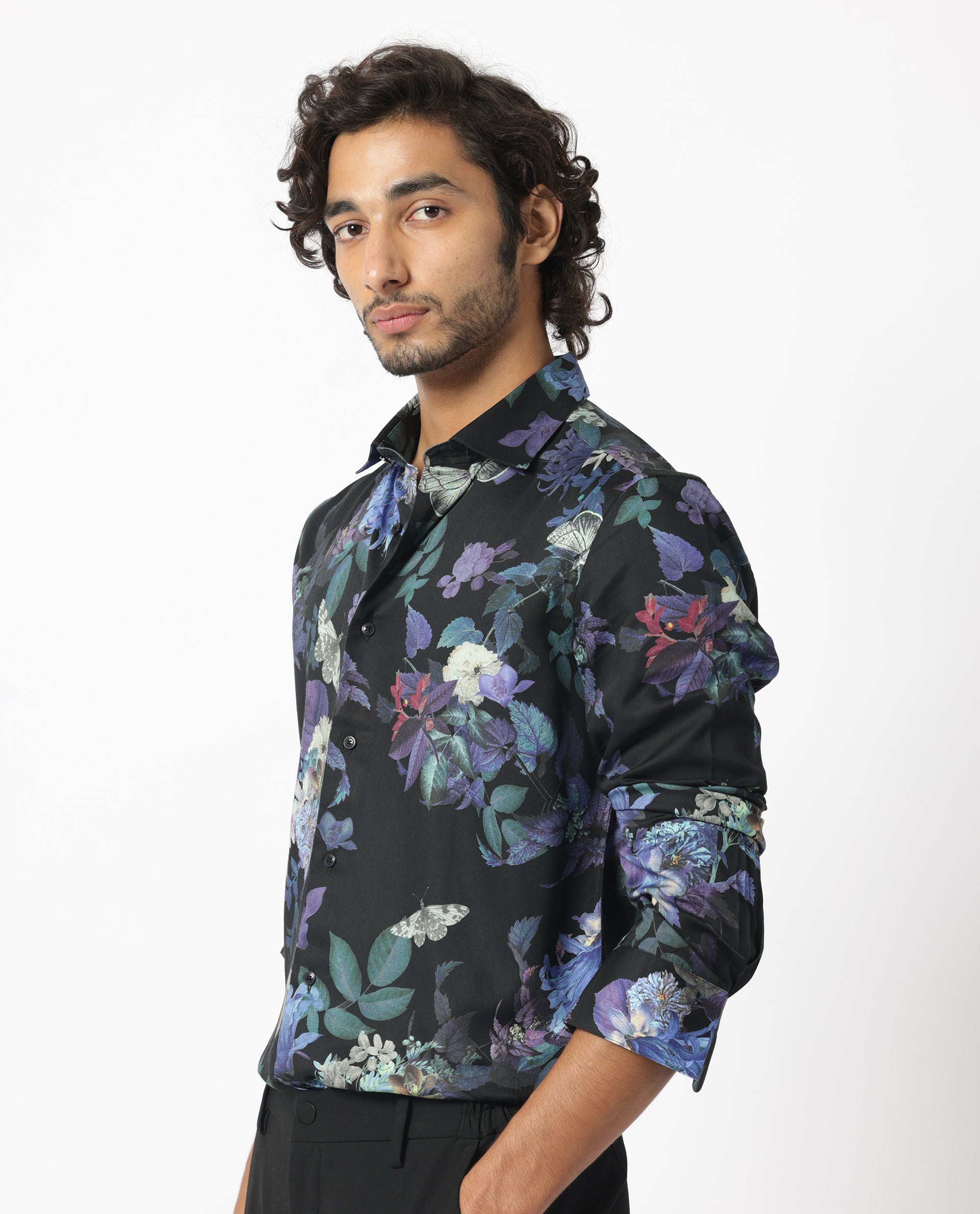Rare Rabbit Men's Ease Black Cotton Modal Fabric Floral Print Full Sleeves Shirt