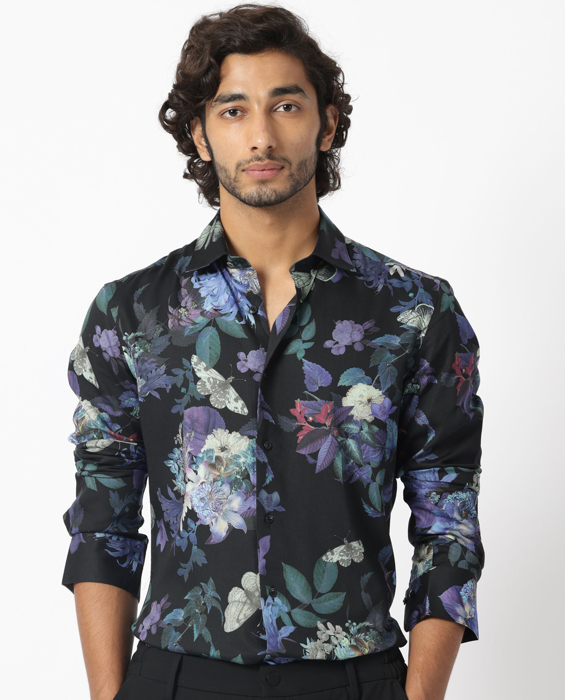 Rare Rabbit Men's Ease Black Cotton Modal Fabric Floral Print Full Sleeves Shirt