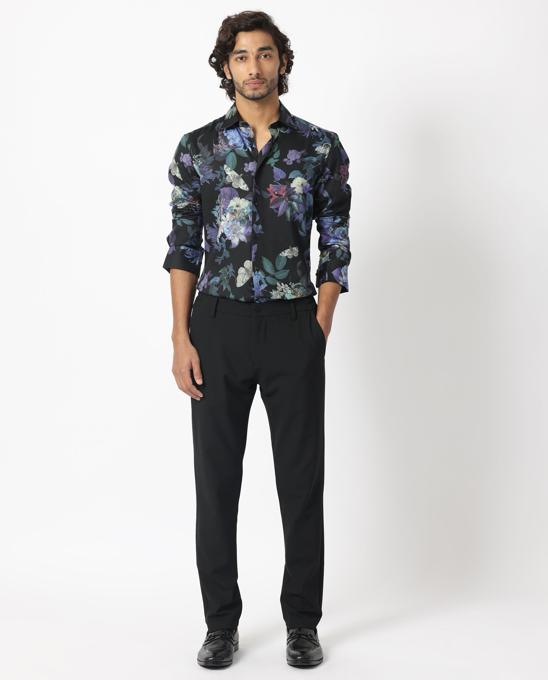 Rare Rabbit Men's Ease Black Cotton Modal Fabric Floral Print Full Sleeves Shirt
