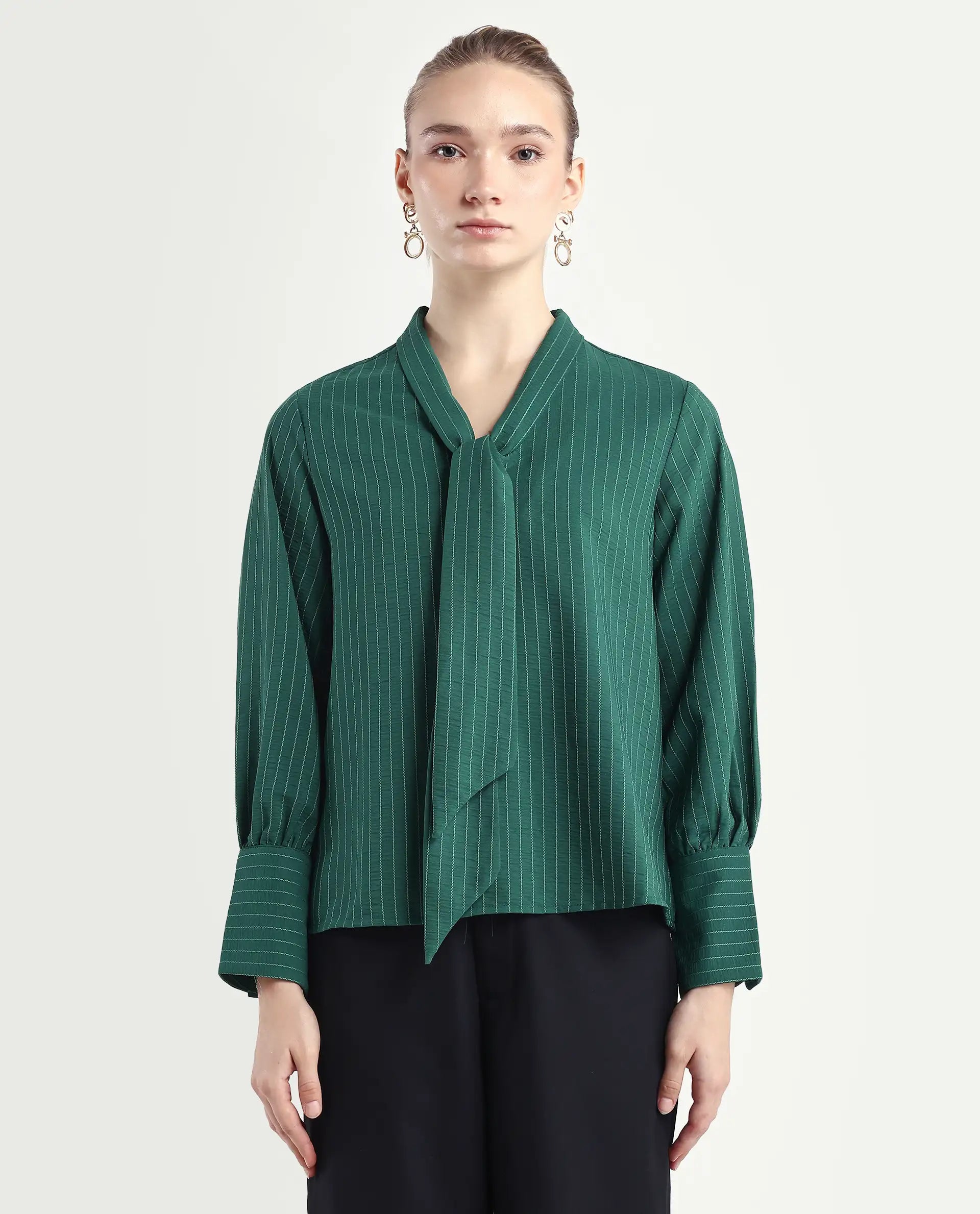 Rareism Women's Eawho Green Polyester Tie-Up Neck Plain Bishop Sleeve Regular Fit Top