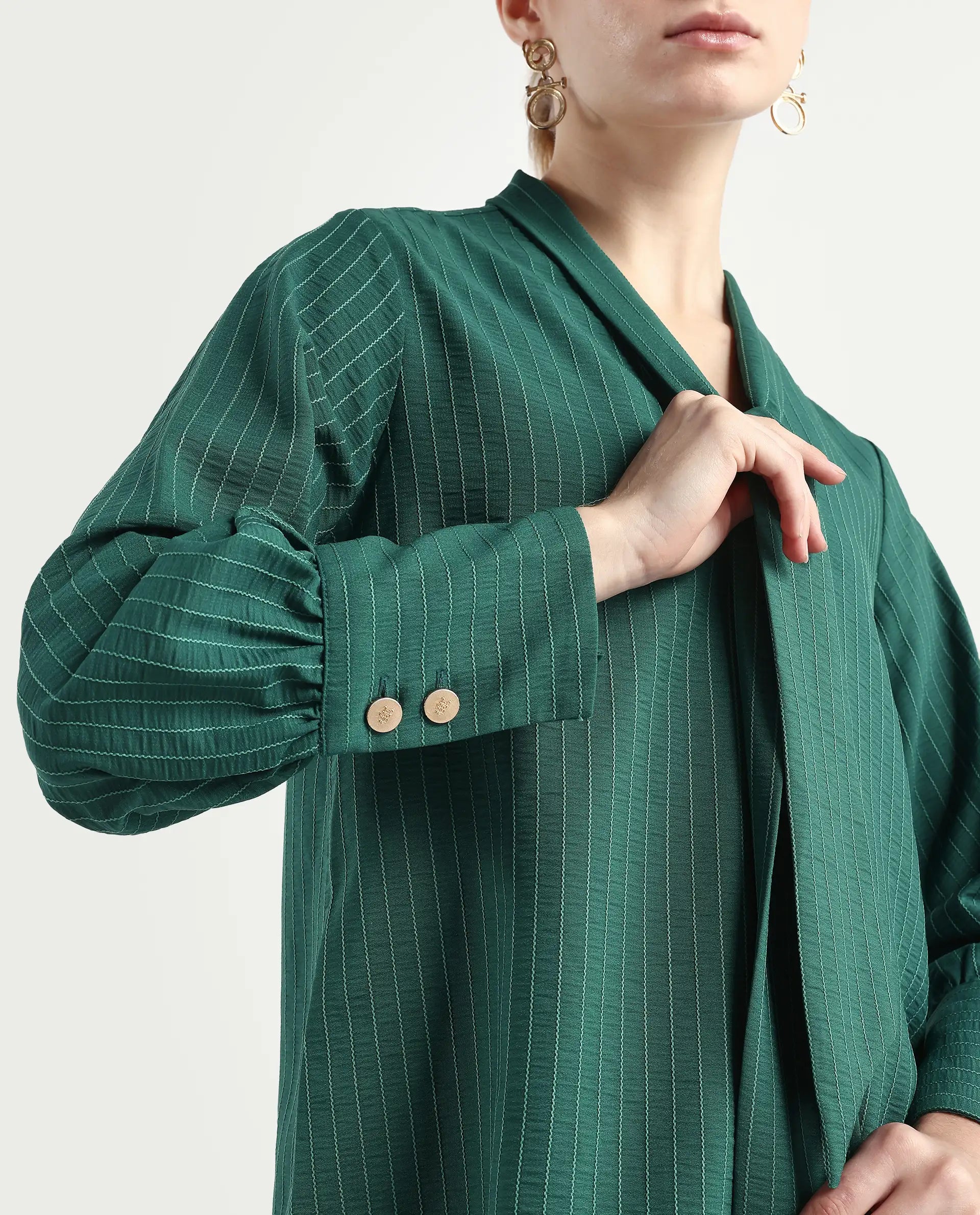 Rareism Women's Eawho Green Polyester Tie-Up Neck Plain Bishop Sleeve Regular Fit Top