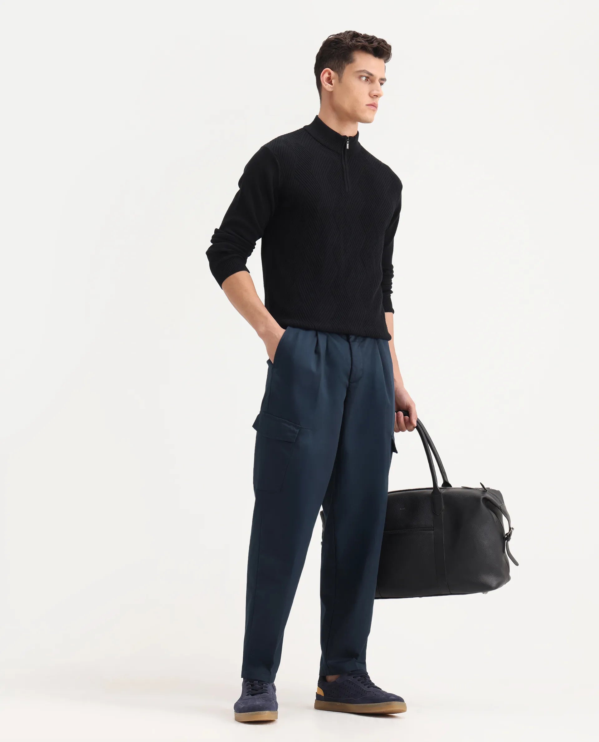 Rare Rabbit Men's Eber Navy Cotton Plain Regular Fit Trouser