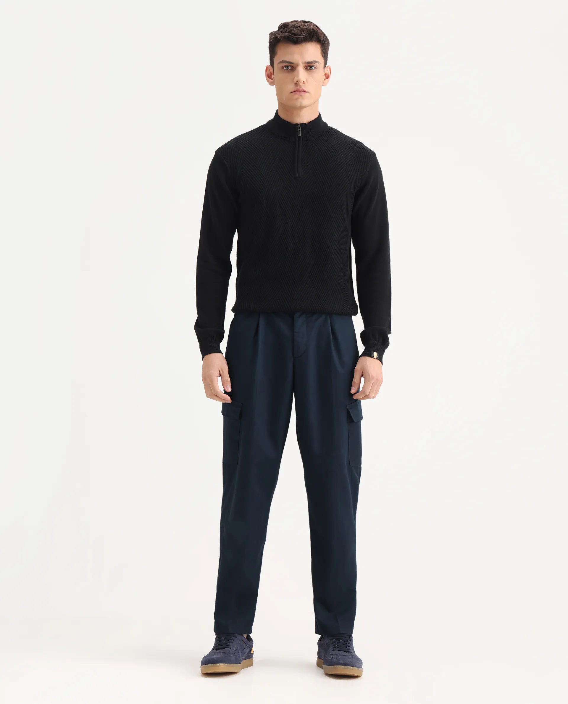 Rare Rabbit Men's Eber Navy Cotton Plain Regular Fit Trouser