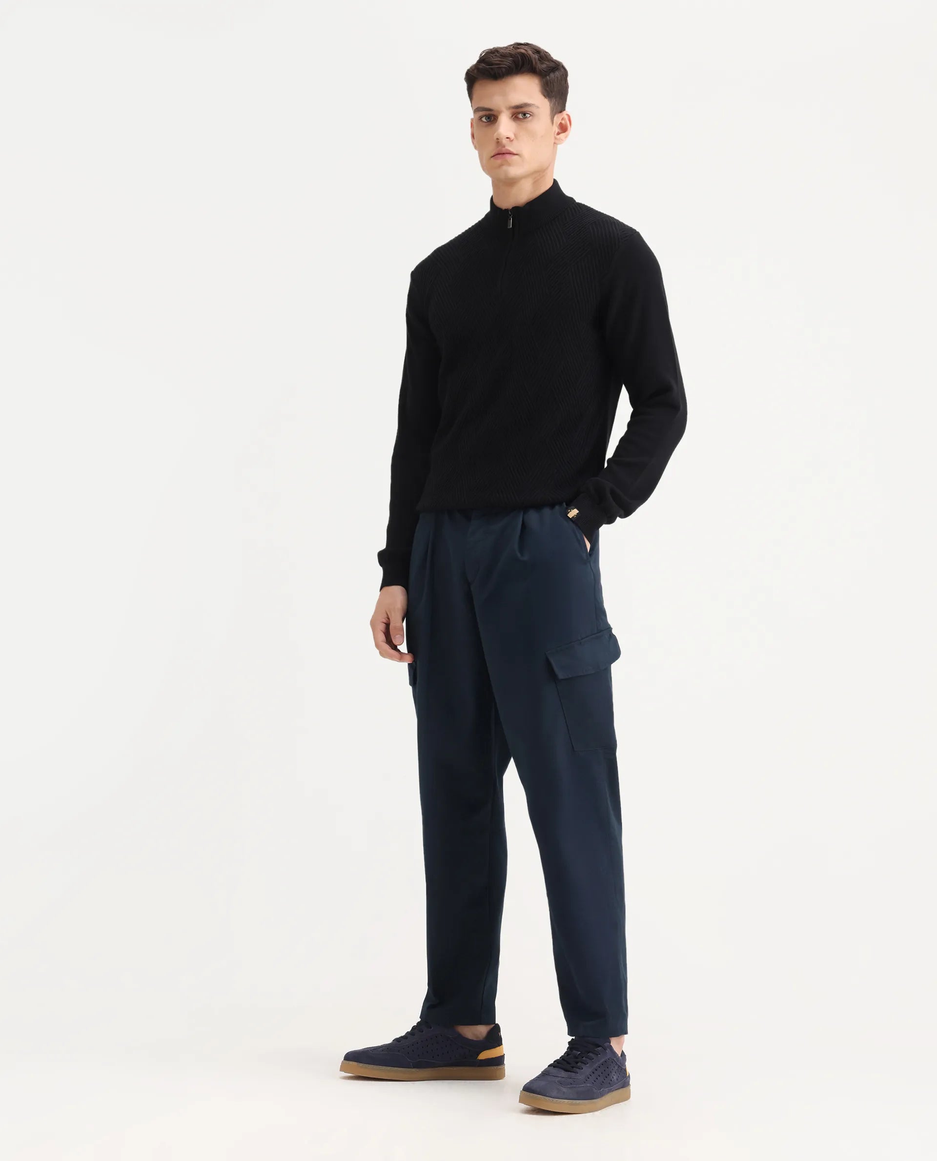 Rare Rabbit Men's Eber Navy Cotton Plain Regular Fit Trouser