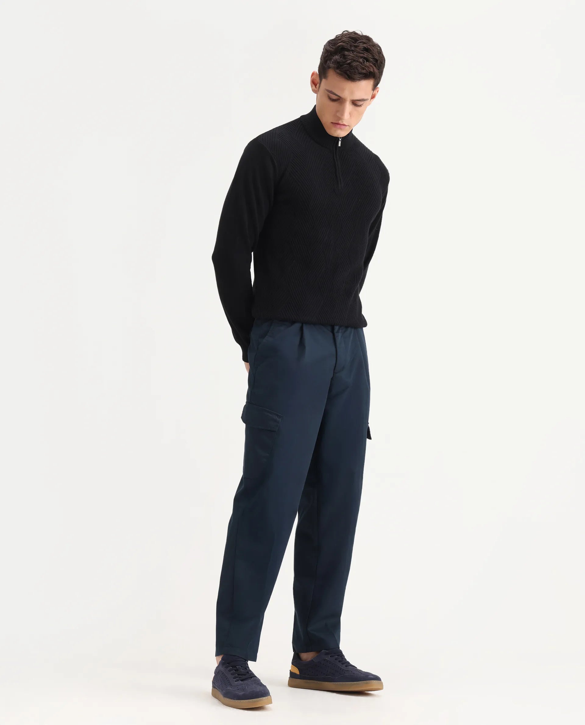 Rare Rabbit Men's Eber Navy Cotton Plain Regular Fit Trouser