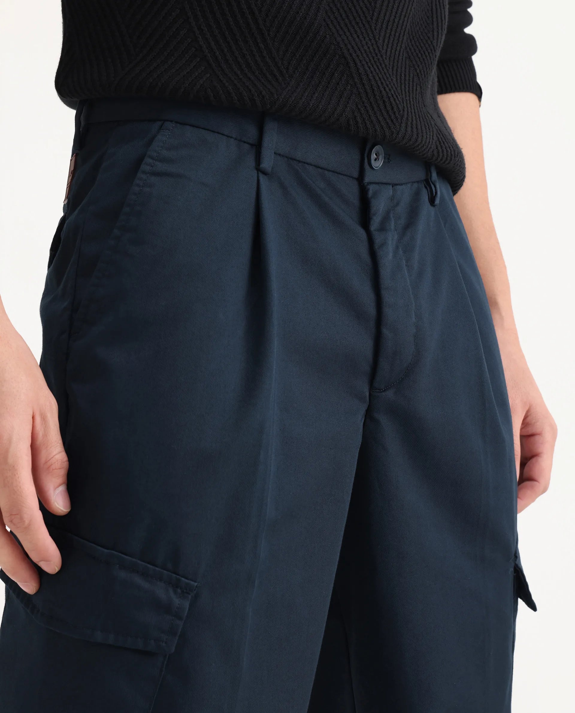 Rare Rabbit Men's Eber Navy Cotton Plain Regular Fit Trouser