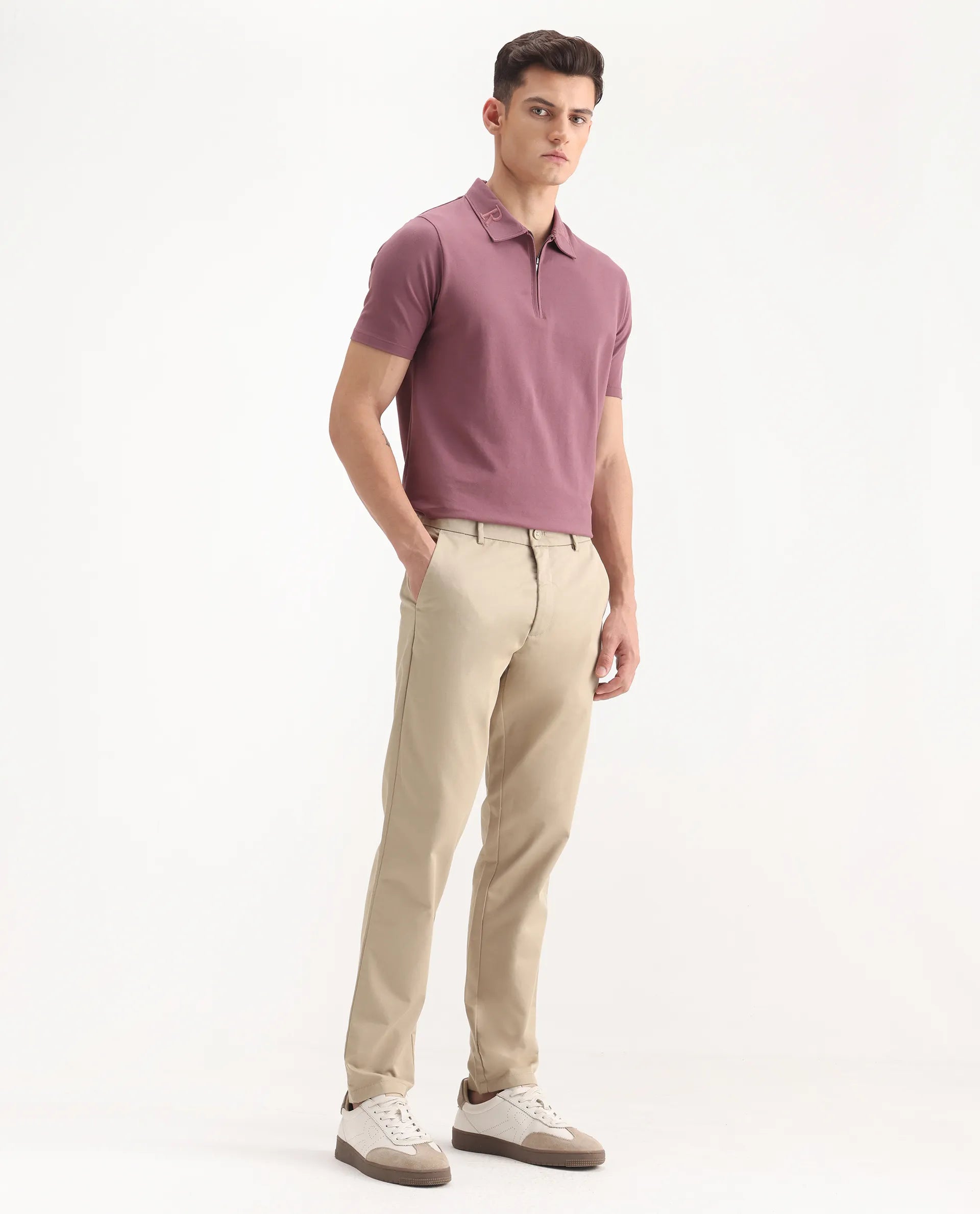 Rare Rabbit Men's Ebert Beige Cotton Plain Regular Fit Trouser
