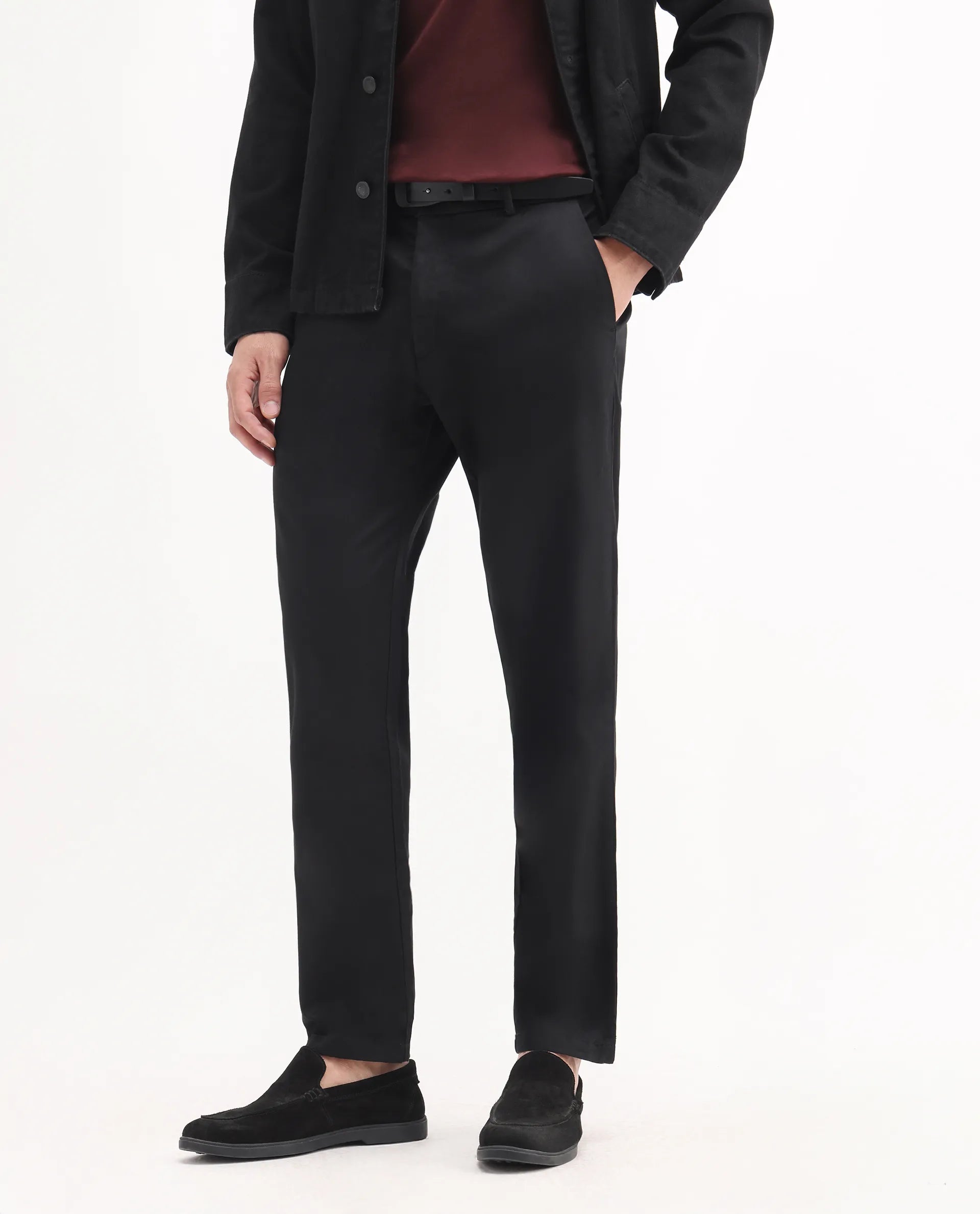 Rare Rabbit Men's Ebert Black Cotton Plain Regular Fit Trouser