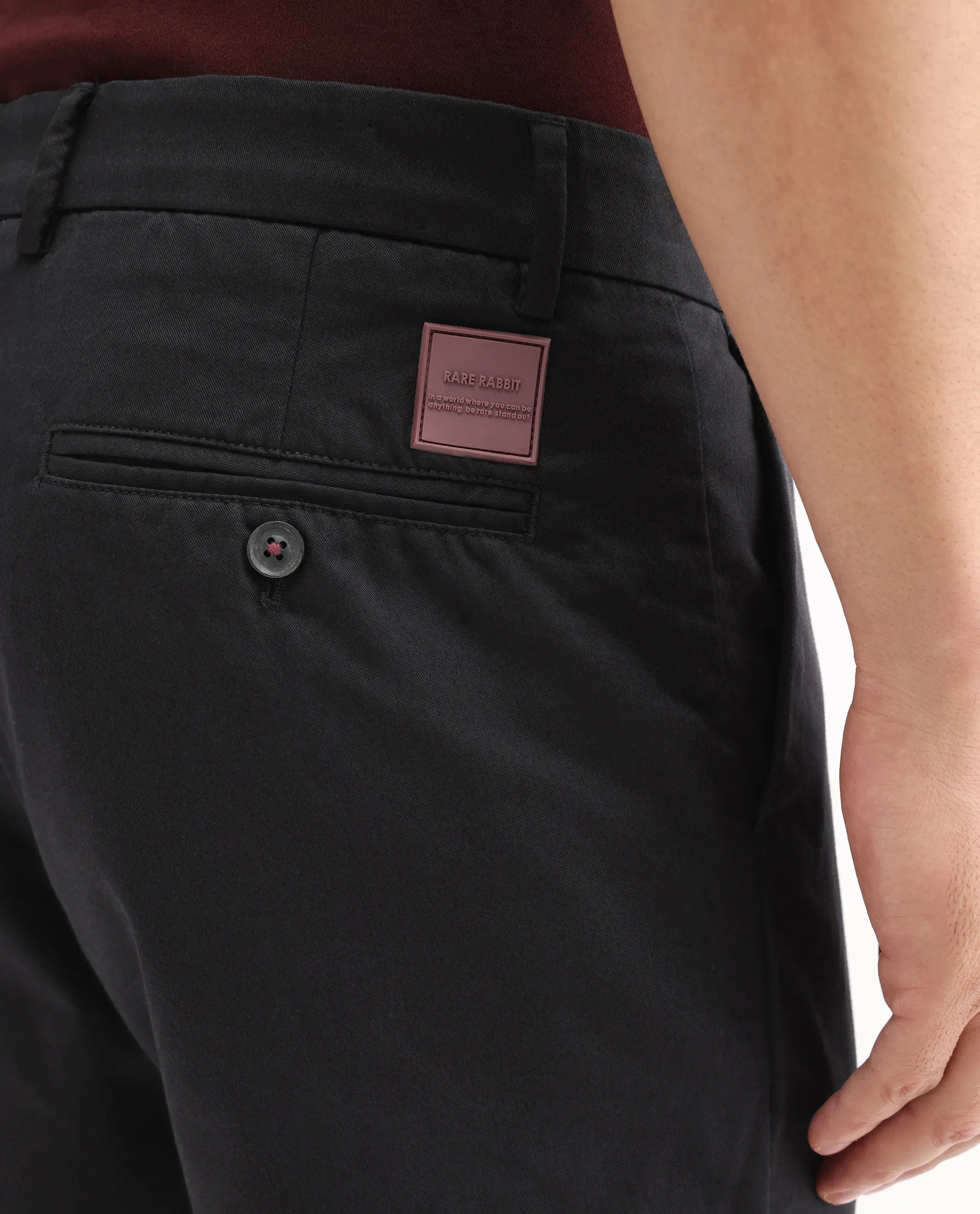 Rare Rabbit Men's Ebert Black Cotton Plain Regular Fit Trouser