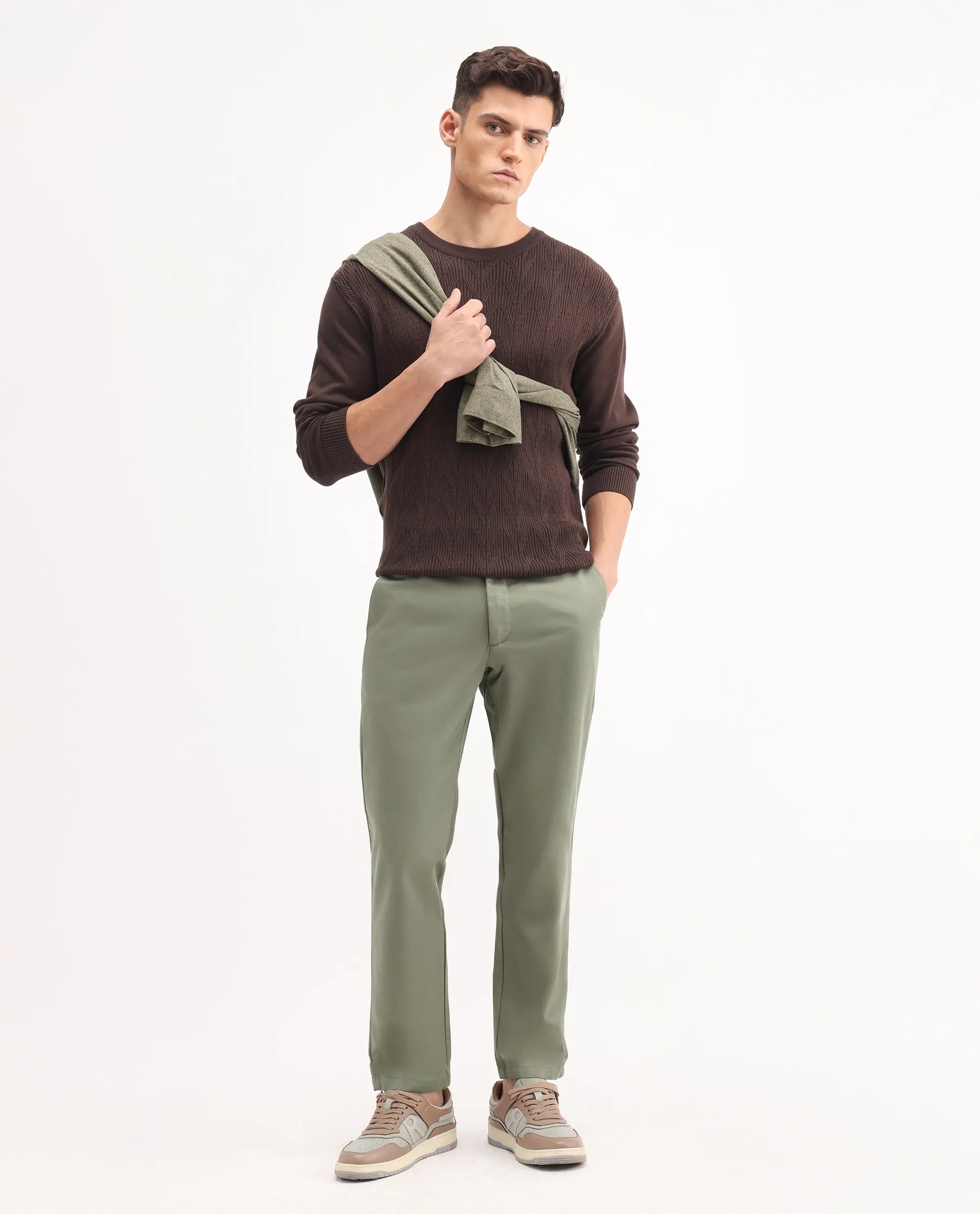 Rare Rabbit Men's Ebert Olive Cotton Plain Regular Fit Trouser