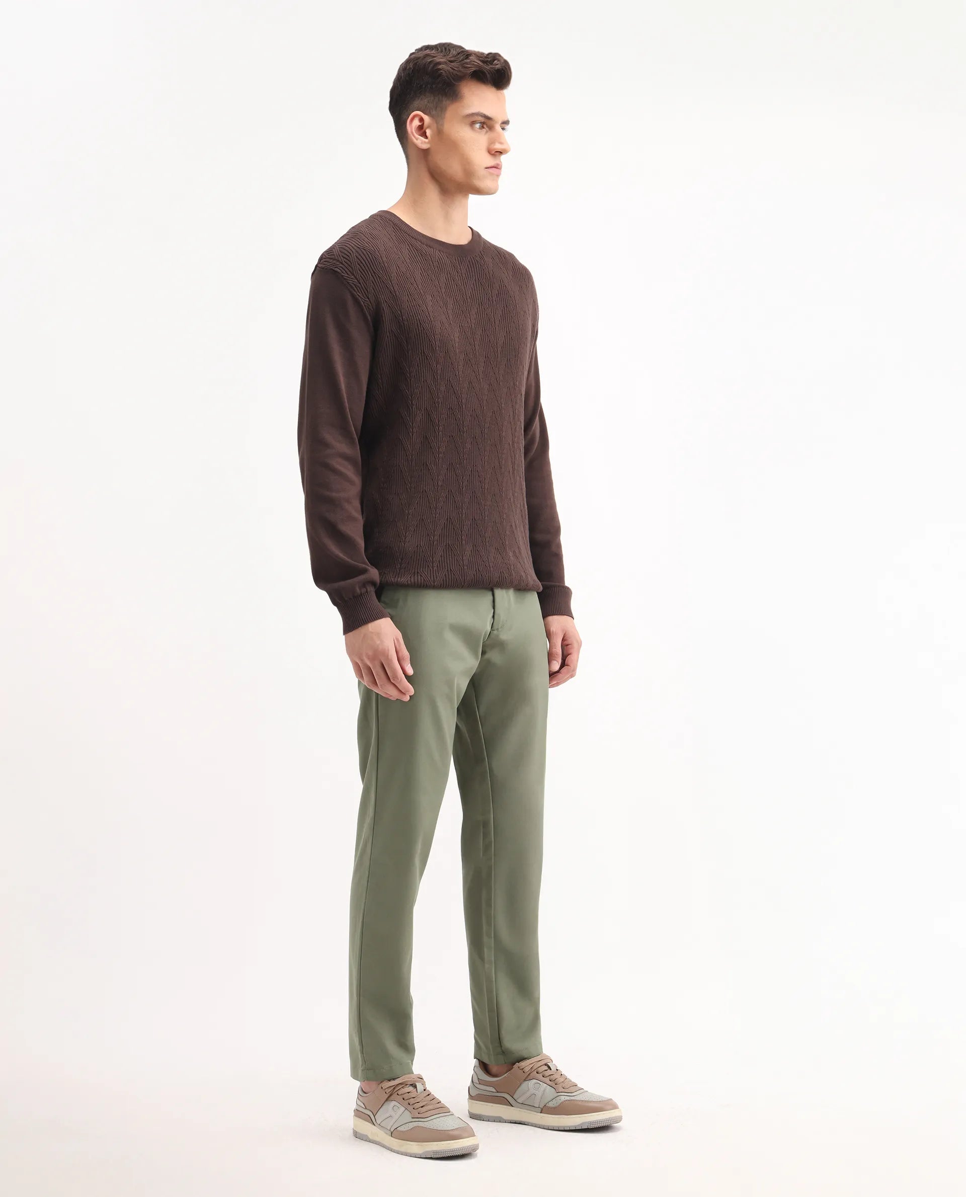 Rare Rabbit Men's Ebert Olive Cotton Plain Regular Fit Trouser